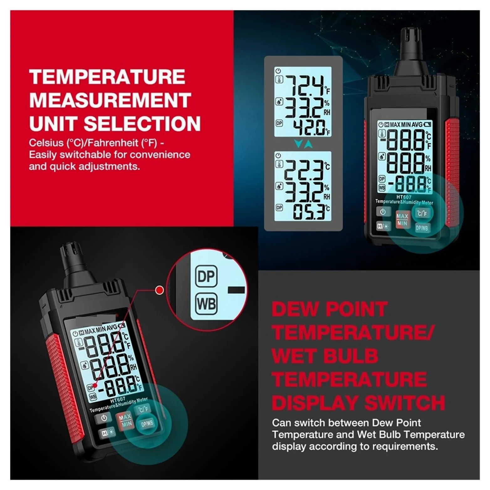 Medidor digital de temperatura y humedad HT607, termohigrómetro preciso for uso en laboratorio y granja