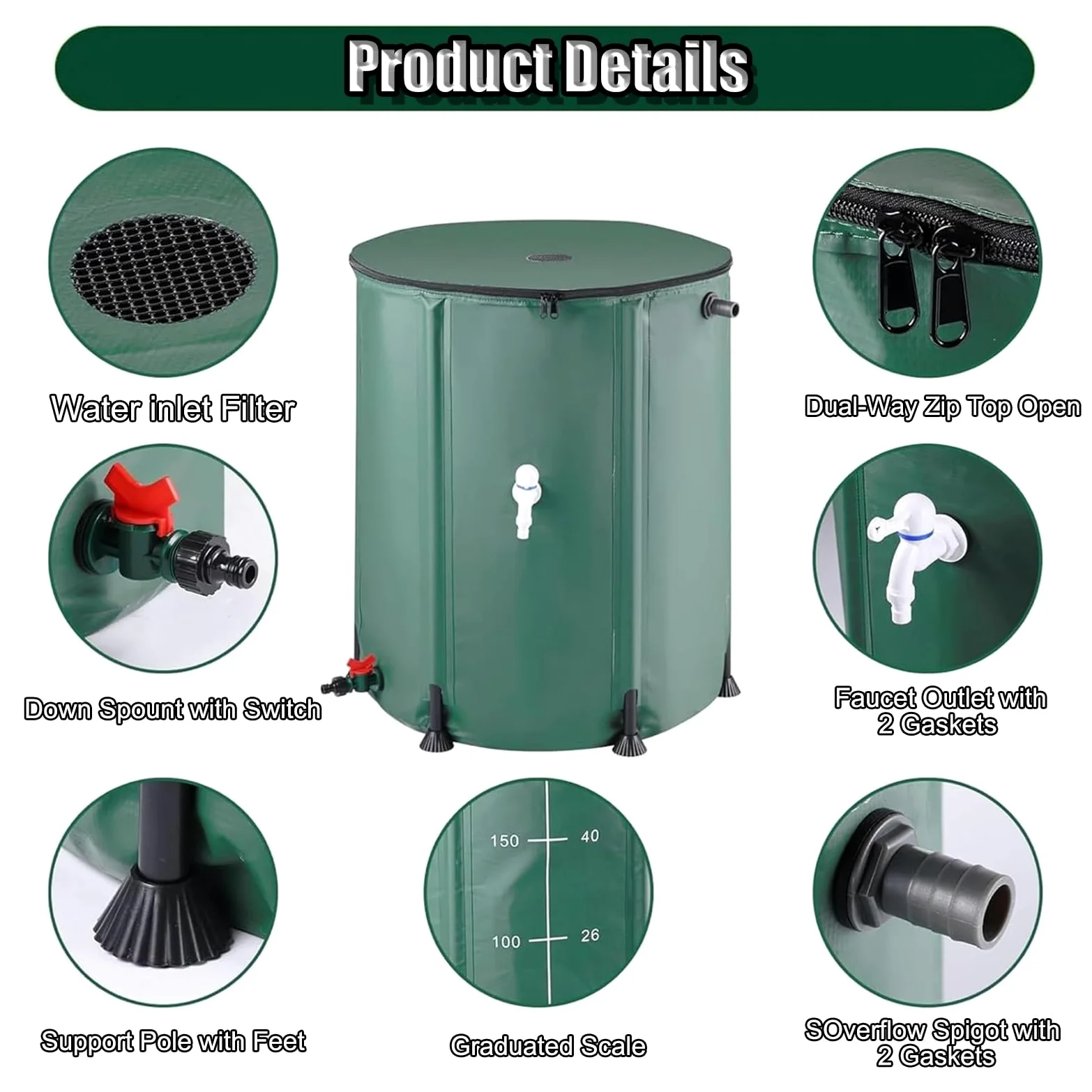 Depósito de recogida de agua de lluvia, Colector De Agua Lluvia for Canalones Multicolor 50L-1350L(Noir,500L)
