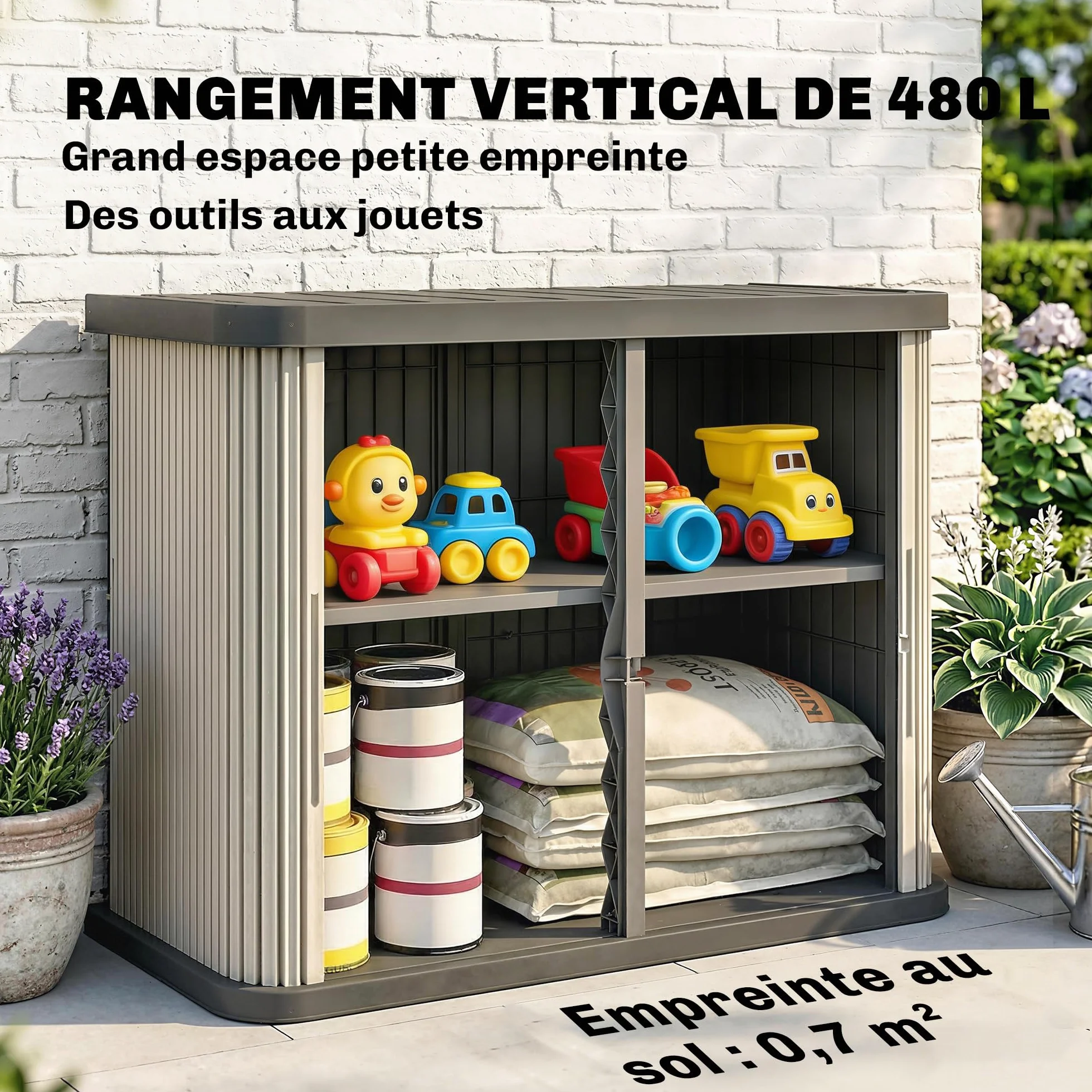 Outsunny - Caja de almacenamiento exterior (480 L, 2 niveles, con puertas correderas, caja de jardín resistente a los rayos UV, para jardín, terraza, 120,5 x 59,5 x 92 cm, color marrón claro