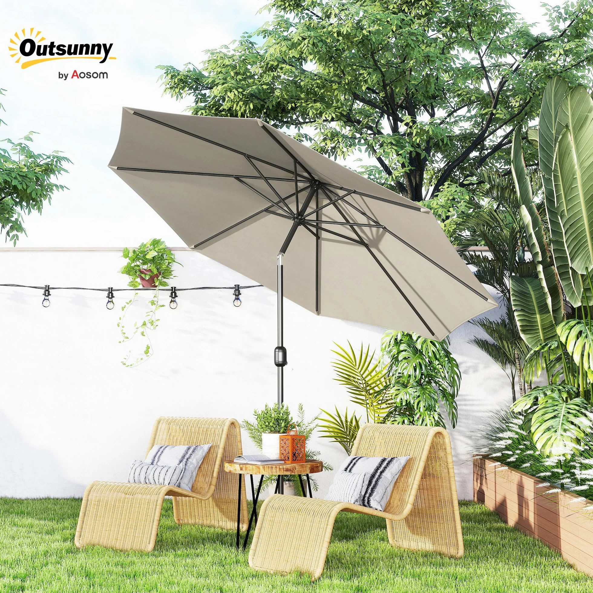 Outsunny Sombrilla de Jardín Ø300x250 cm con Manivela Parasol Exterior con Mecanismo de Inclinación y Poste Desmontable de Metal para Terraza Piscina Patio