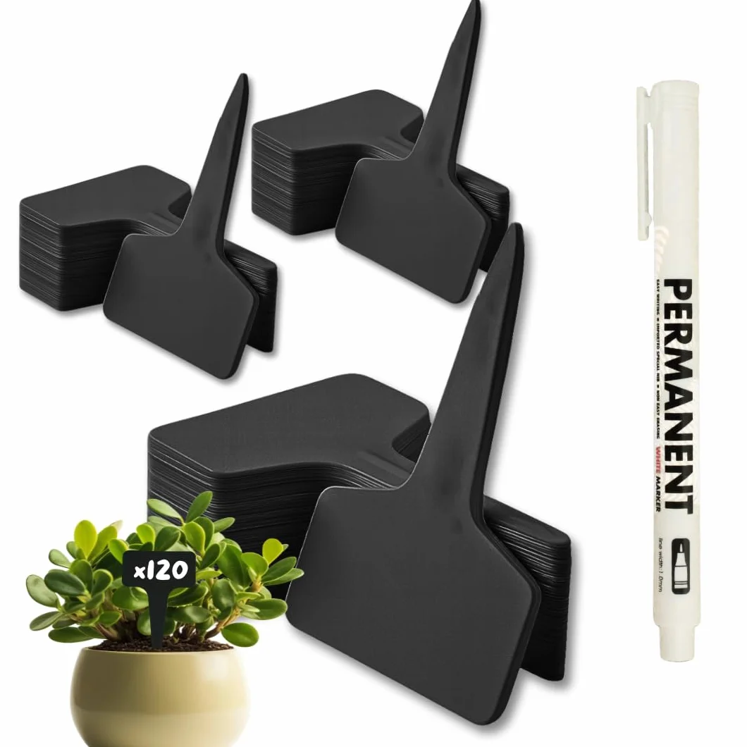 CULTIVEA® 120 Etiquetas Negras para Plantas + Rotulador Blanco | Marcadores de Jardín Reutilizables | Plástico Resistente, Waterproof, para Huerto Exterior, Semillas, Flores
