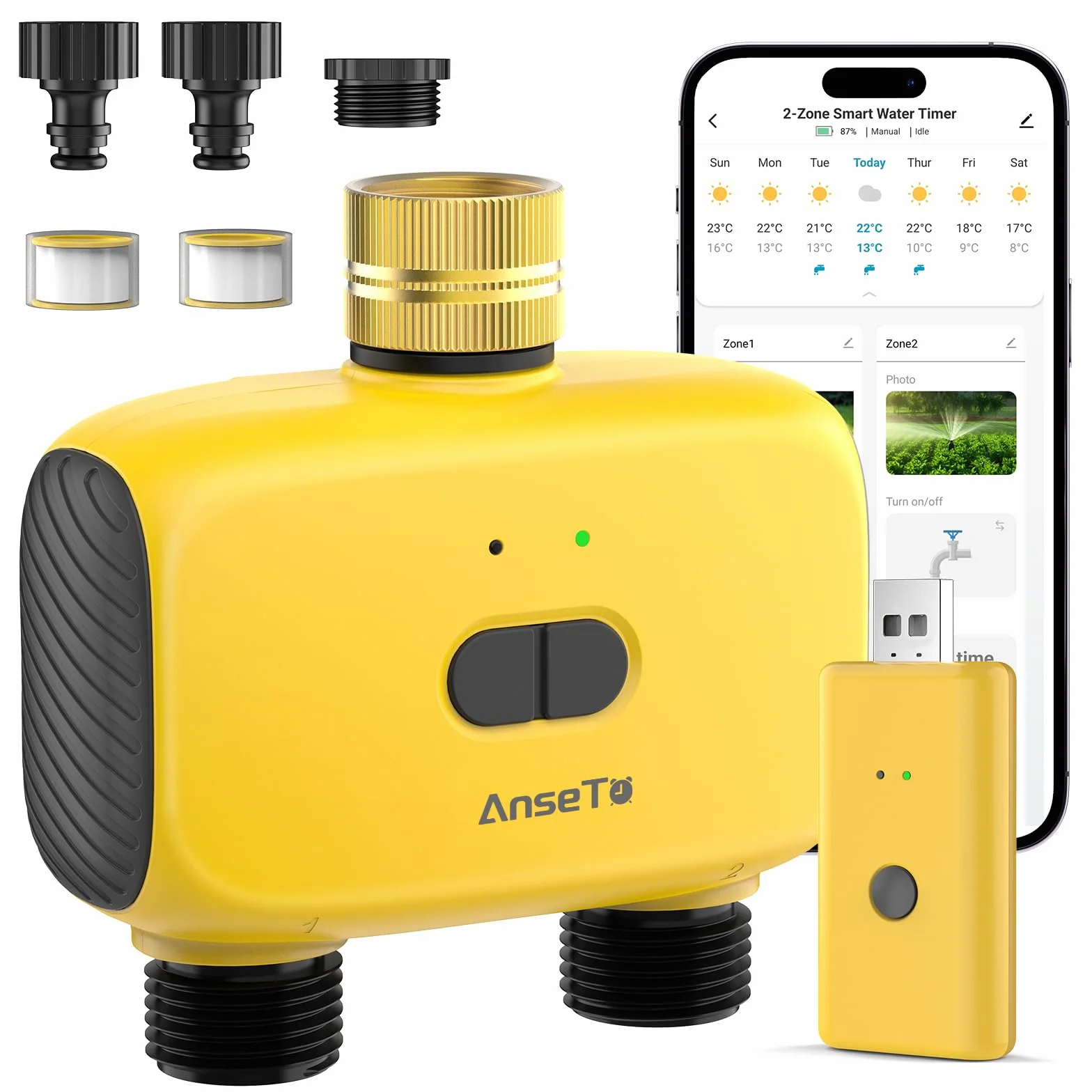 Programador Riego WiFi con 2 Salidas, Latón, Control Remoto Automático para Jardín