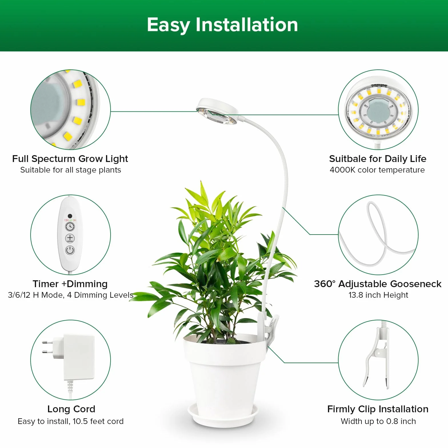 SANSI Lámpara de Plantas, 48 LED Luz de Crecimiento de Espectro Completo 4000K, Lámpara LED Cultivo Interior con Temporizador Automático 3H/6H/12H y 4 de Brillo para Plantas Pequeñas (1Pieza)