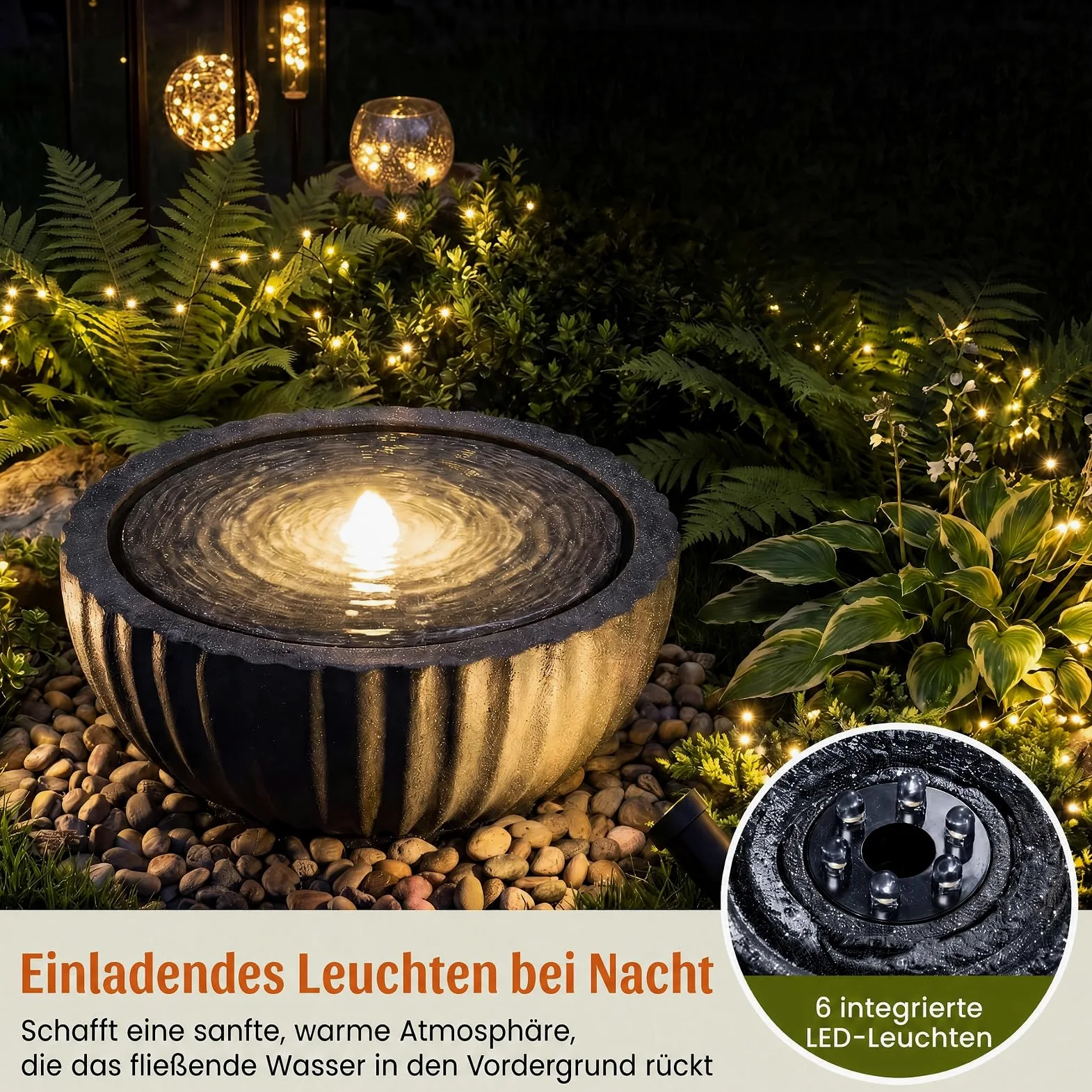 GYMAX Fuente de Jardín Redonda,Fuente Decorativa | Fuente de Agua con Iluminación LED, Bomba Ajustable y Resina Resistente para Salón, Patio y Terraza, 45 x 23,5 cm