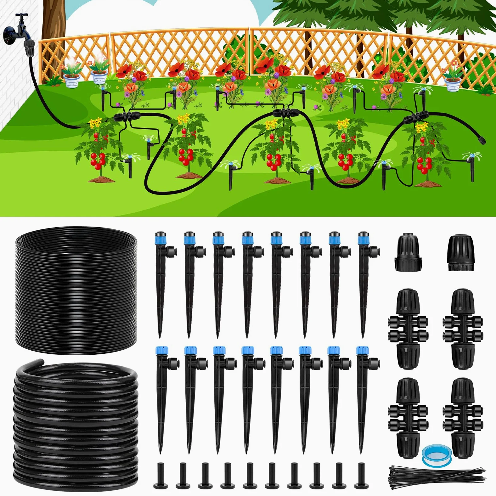 Kit de sistema de riego por goteo de 102 pies, nuevo sistema de nebulización de riego automático de jardín de conexión rápida para invernadero, patio, césped, planta con manguera de 1/2 pulgada