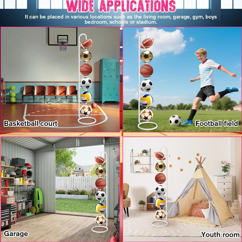 Soporte de Pelota de Metal para Baloncesto Fútbol Rugby Voleibol, Estante de Almacenamiento Vertical Extraíble, 6 Niveles Blanco