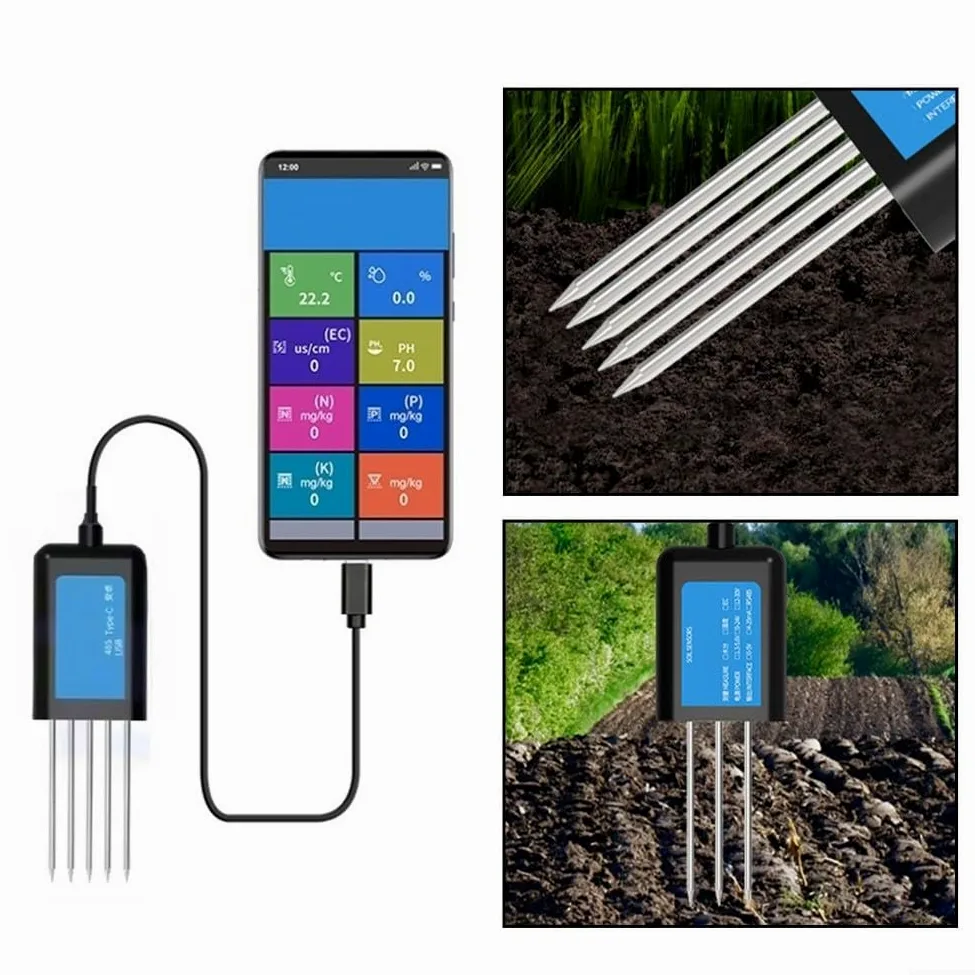 Sensor de suelo USB portátil Prueba de temperatura Humedad Nivel de pH Conductividad Plus Npk Nutrientes para agricultura floricultura hogar jardín uso negro (B)