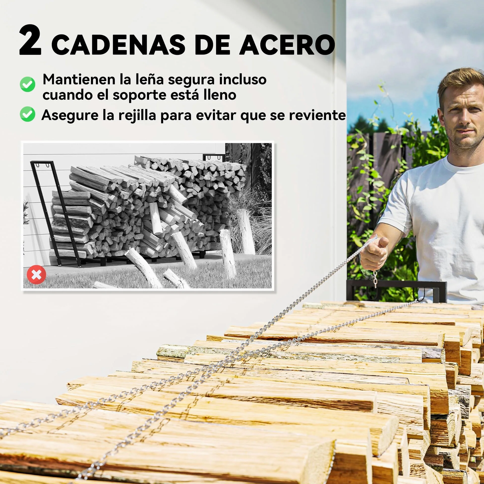 Outsunny Estante de Leña Metálico, 235x31x116 cm, Leñero Exterior con Cubierta Impermeable 600D Oxford, Marco de Acero y Cadenas de Acero, Soporte para Leña de Chimenea, Almacenaje para Madera, Negro