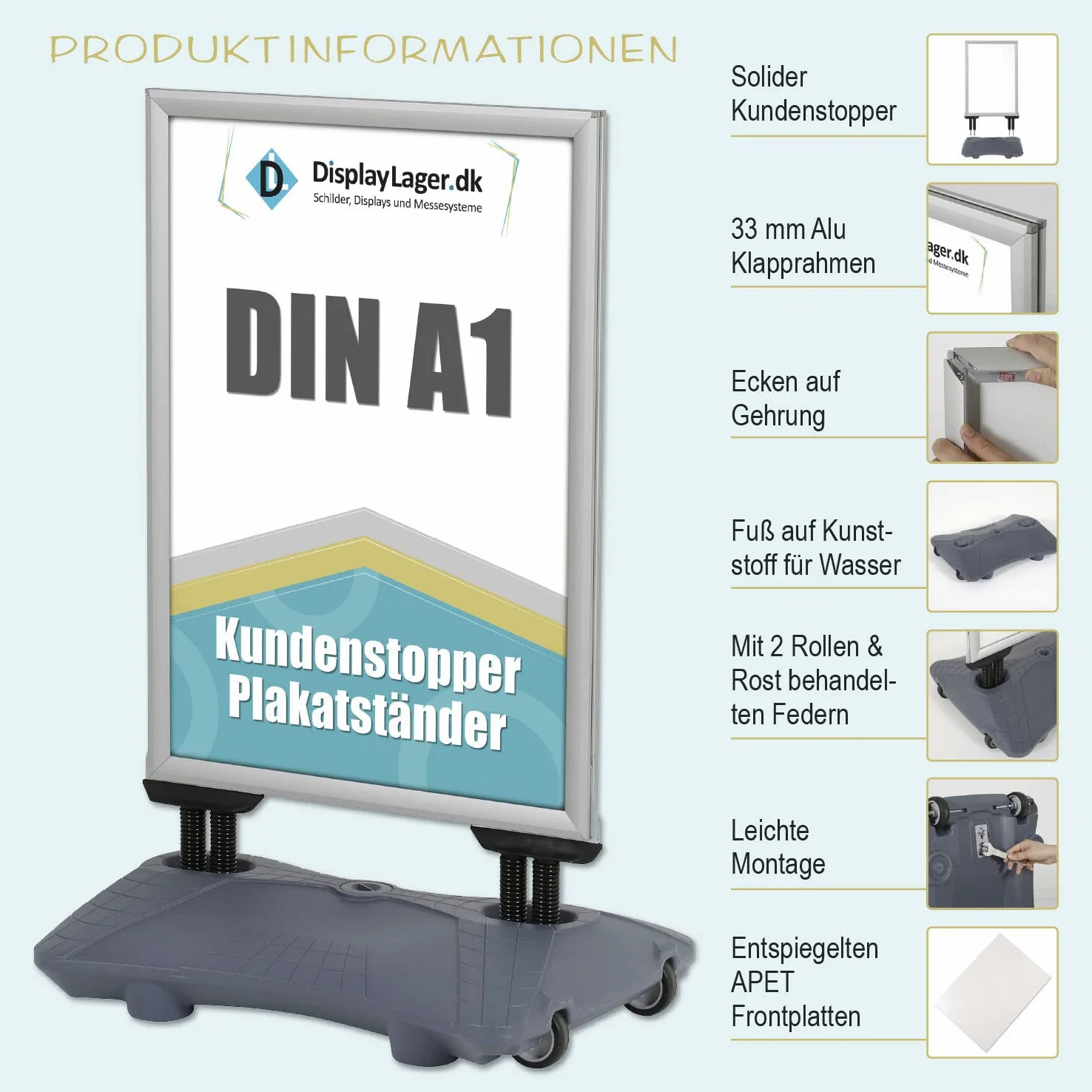 DisplayLager Customer - Tope de doble suspensión para carteles (modelo Wind-Pro para DIN A1, 594 x 841 mm, resistente a la intemperie, peso para altas velocidades del viento y ruedas (A1, gris)