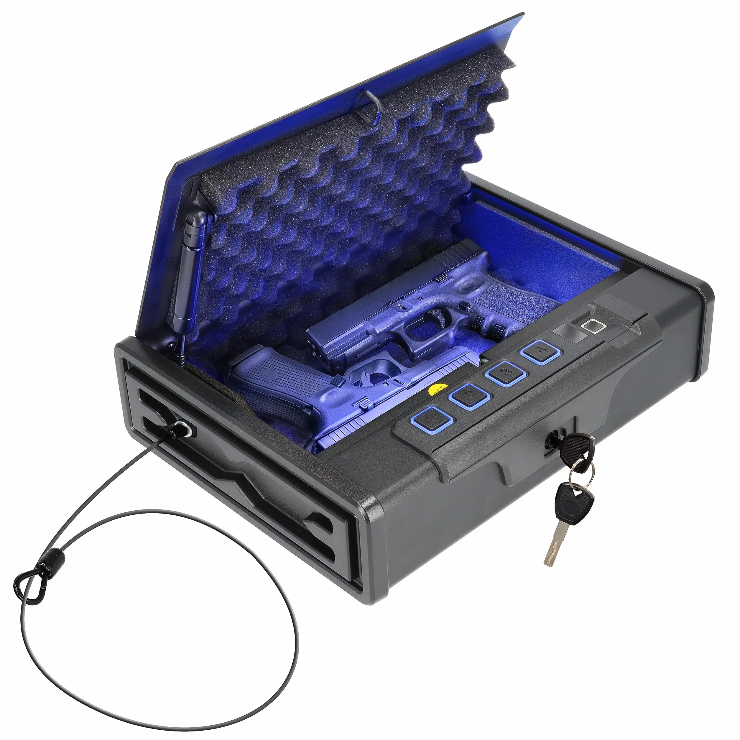 Caja fuerte portátil biométrica para pistola con lector de huellas dactilares y teclado retroiluminado, cable de acero