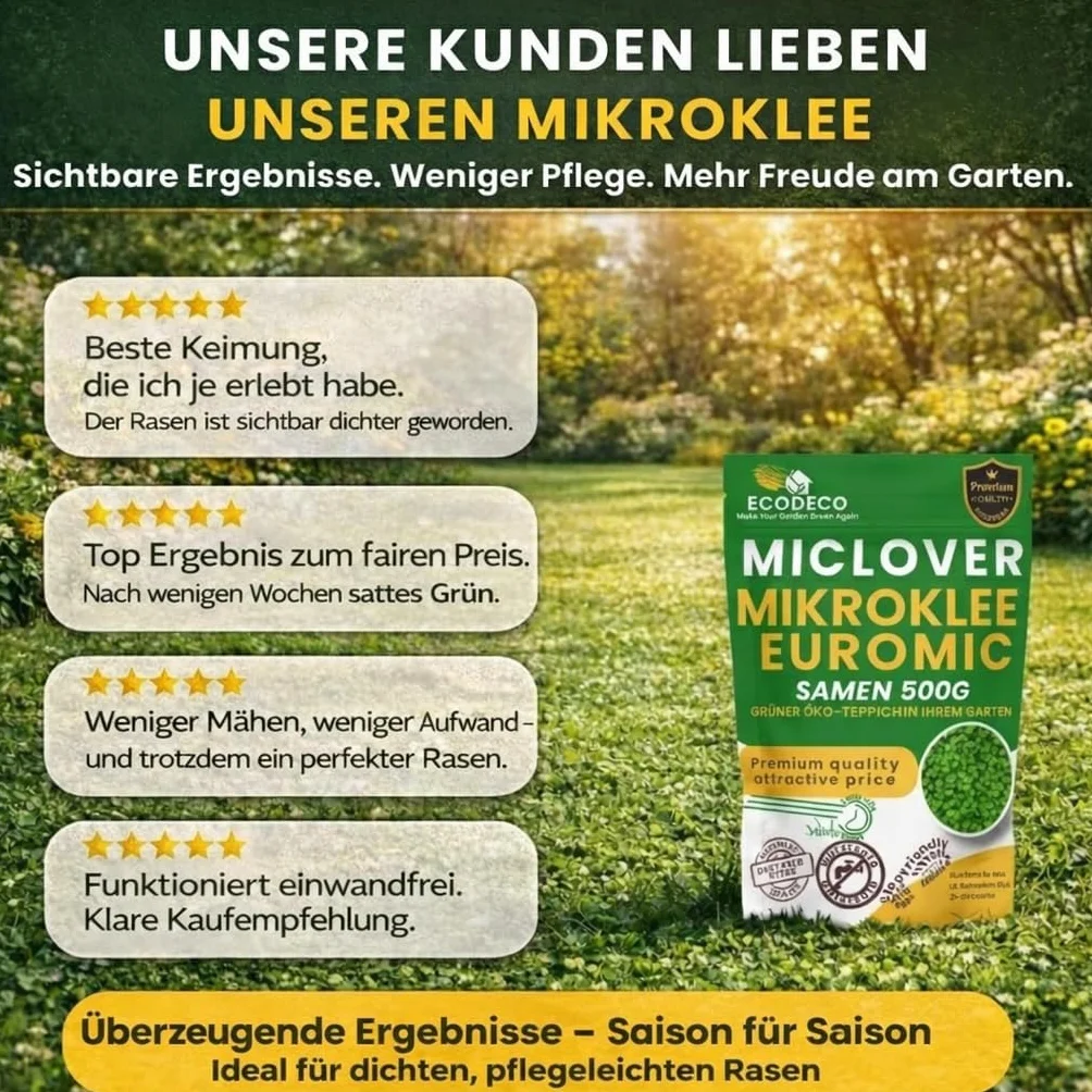 Semillas Cesped Trébol Enano 1kg (400m² Puro o 800m² con Césped) – Blanco Micro Trébol Tapizante Resistente para un Jardín Verde y Uniforme – Alternativa a Césped Natural