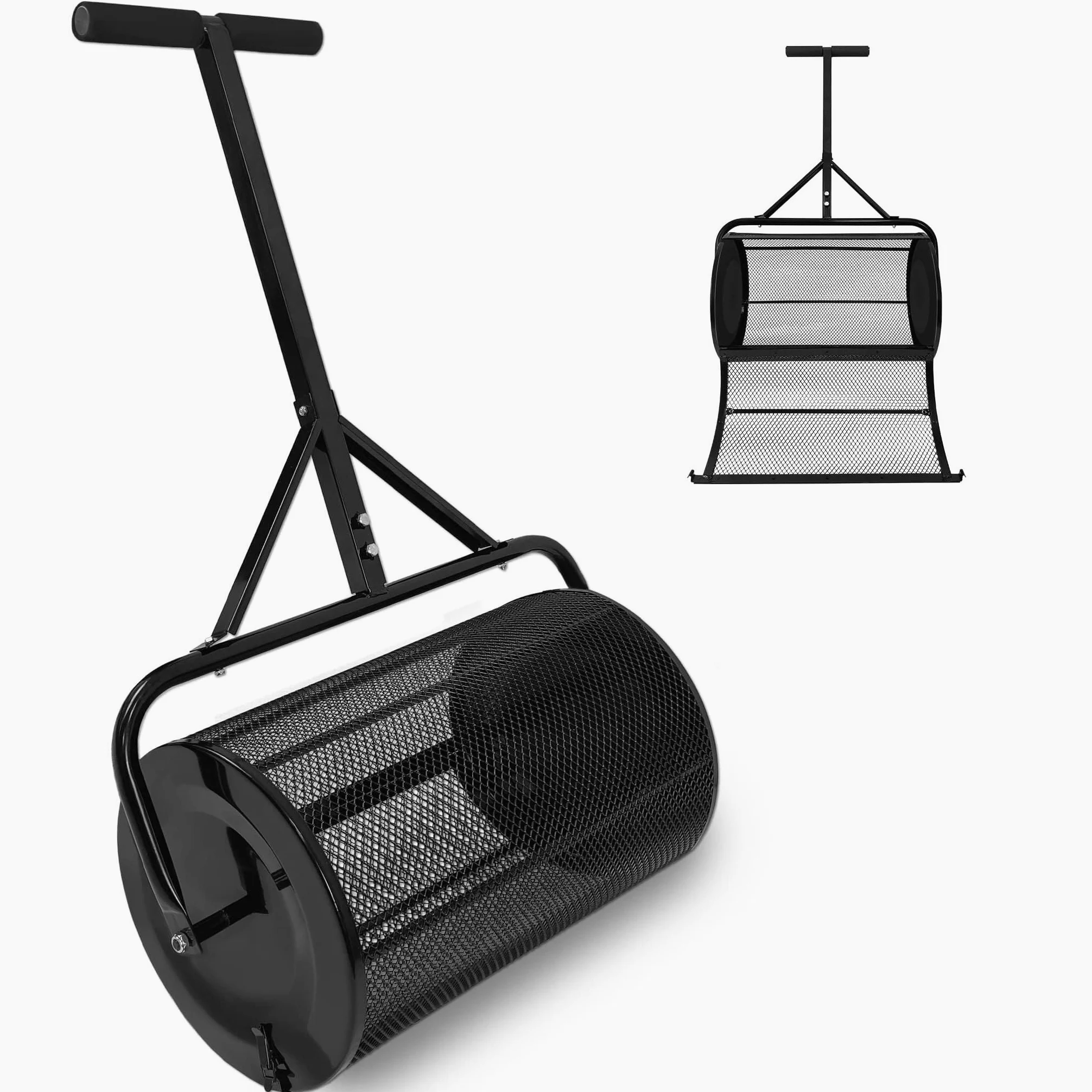 UISEBRT Esparcidor de compostaje de 80 l, color negro, con asa, esparcidor de compost y turba con cesta de malla, 65 cm de ancho, para compost, abono, turba