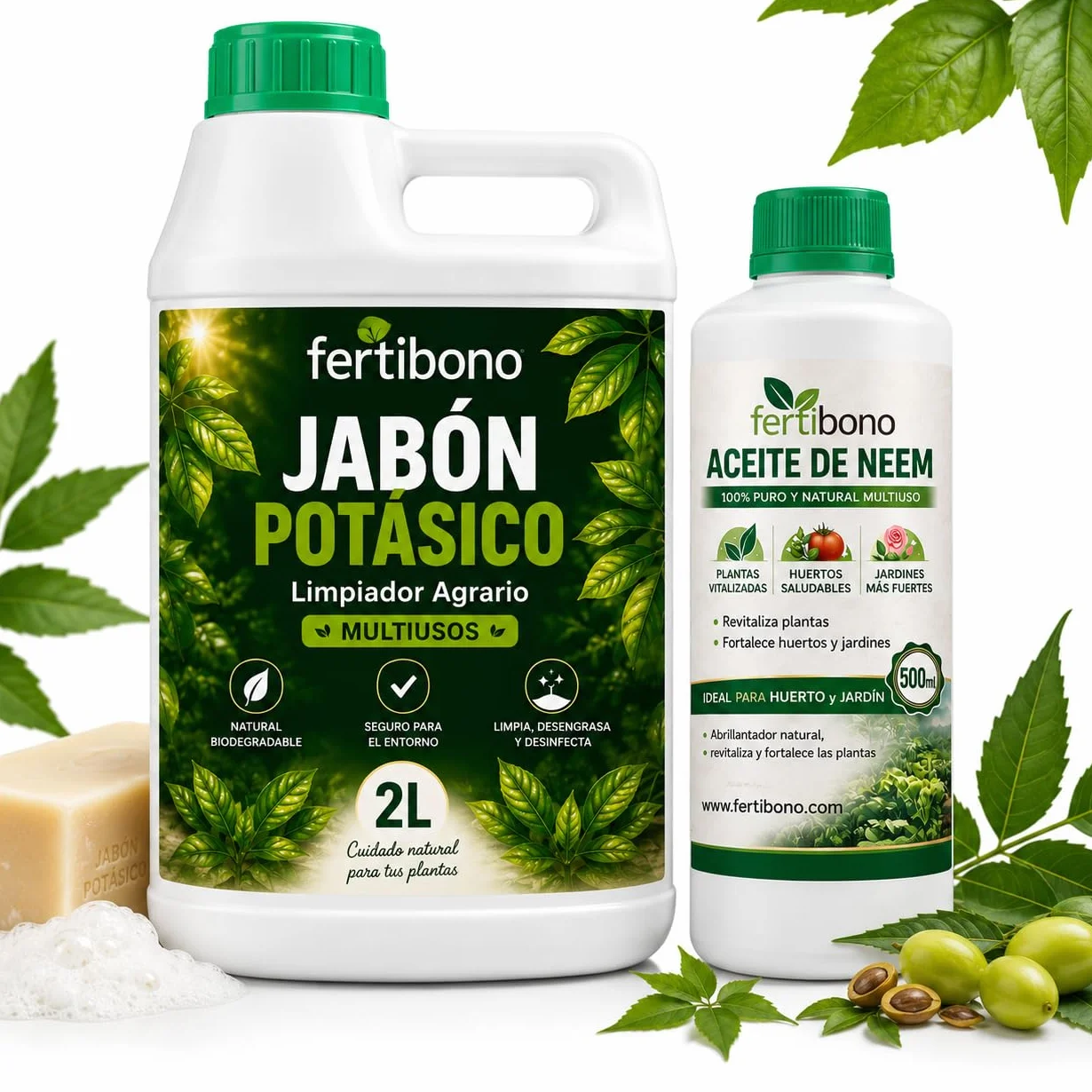 FERTIBONO FLORANIM Multiuso - Jabón Potásico 2L + Aceite de Neem 500 ml para Plantas, Huerto y Jardín - Pack Concentrado para Diluir en Agua y Pulverizar