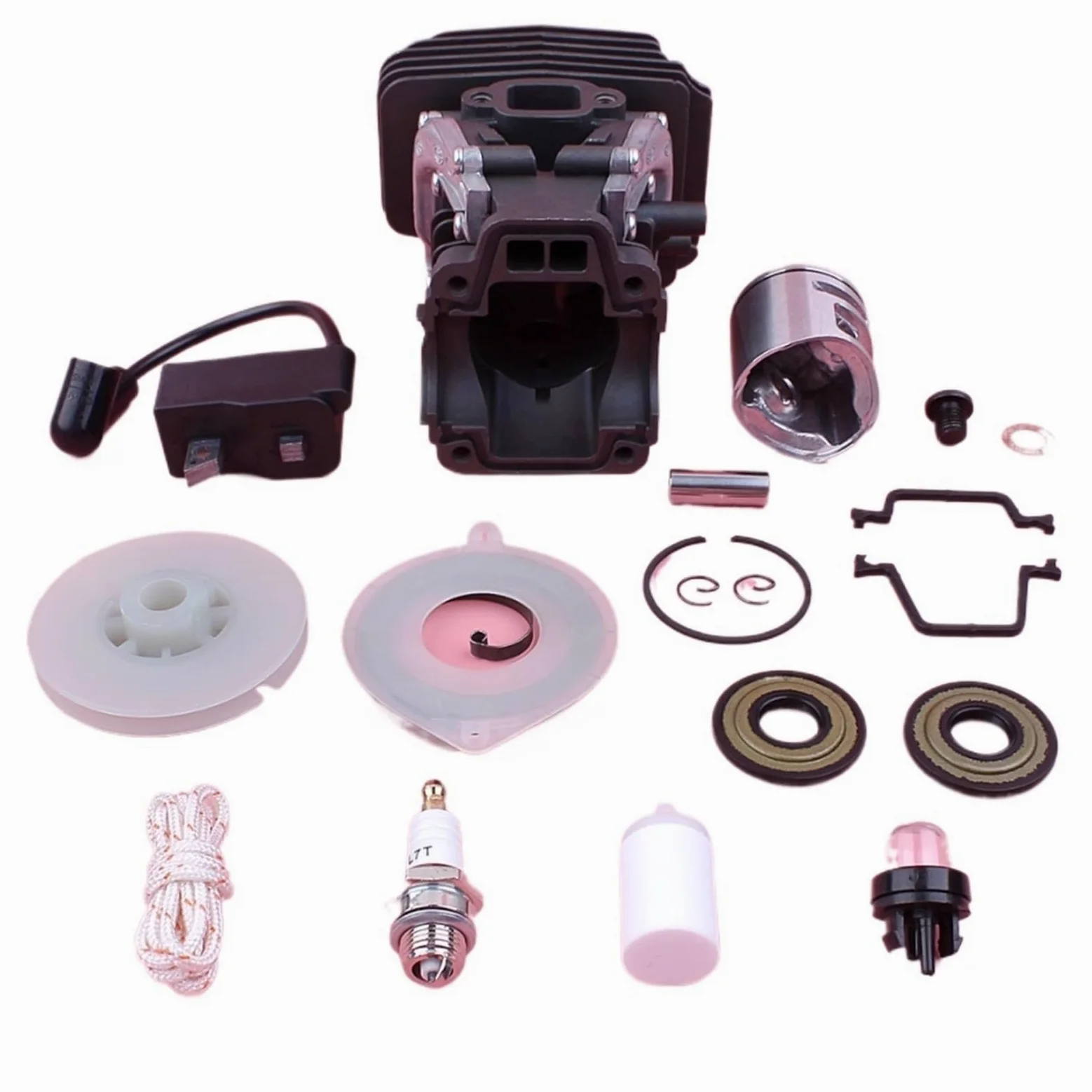 Kit de pistón de bobina de encendido de cilindro, for pieza de motosierra Husqvarna 445 445E, polea de arranque de retroceso, sello de aceite de resorte, bombilla de cebado de 42mm Kits de pist