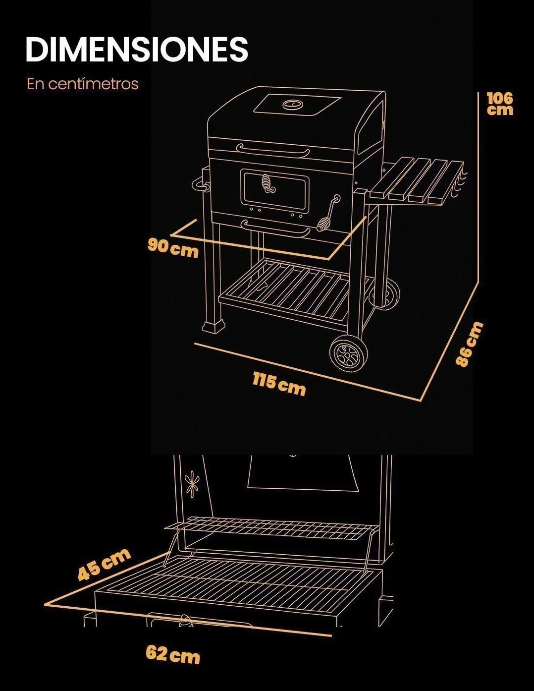JARDIN202 - Barbacoa de Carbón Alabama Grande con Ruedas, Termómetro y Altura Ajustable | Parrilla Grill de Carbón con Carrito y Tapa | (Negro)