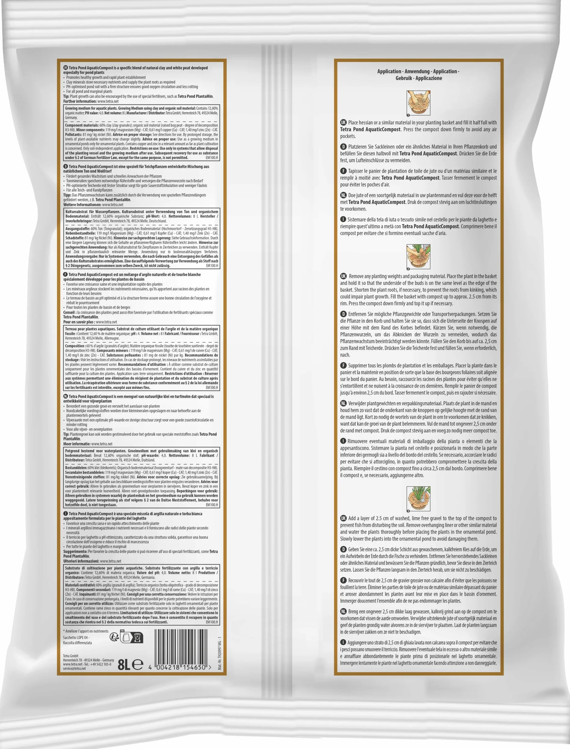 Tierra para estanques Tetra Pond AquaticCompost – Sustrato desarrollado Especialmente para Plantas de Estanque, 8 L