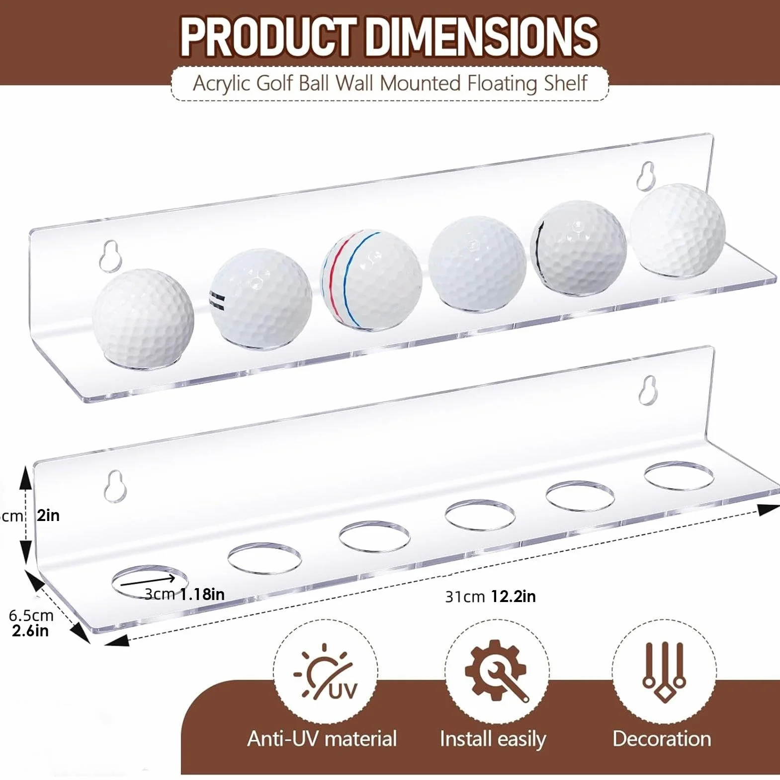 Estante flotante para pelotas de golf – Expositor de pared transparente para 6 pelotas de softbol