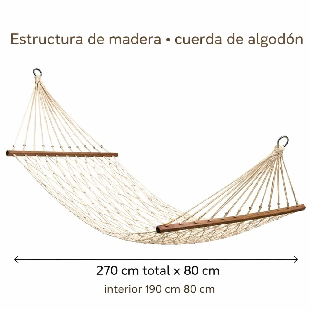 Hamaca Macramé de 270 x 80 cm (Zona Útil 190 x 80 cm) Hamaca de Red Estilo Boho para Jardín Terraza Interior Camping Campers o Caravanas Bolsa de Transporte incluida