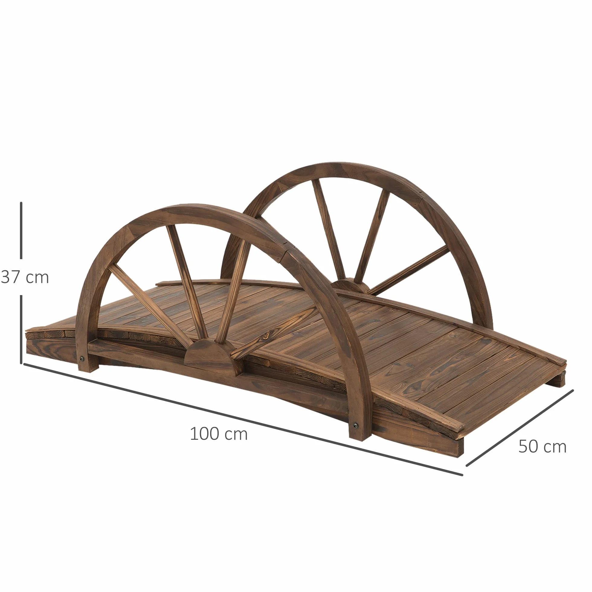 Outsunny Puente de Jardín Puente de Madera con Barandillas en Forma de Rueda Puente para Estanque Carga 150 kg Puente Decorativo para Patio 100x50x37 cm Madera Carbonizada