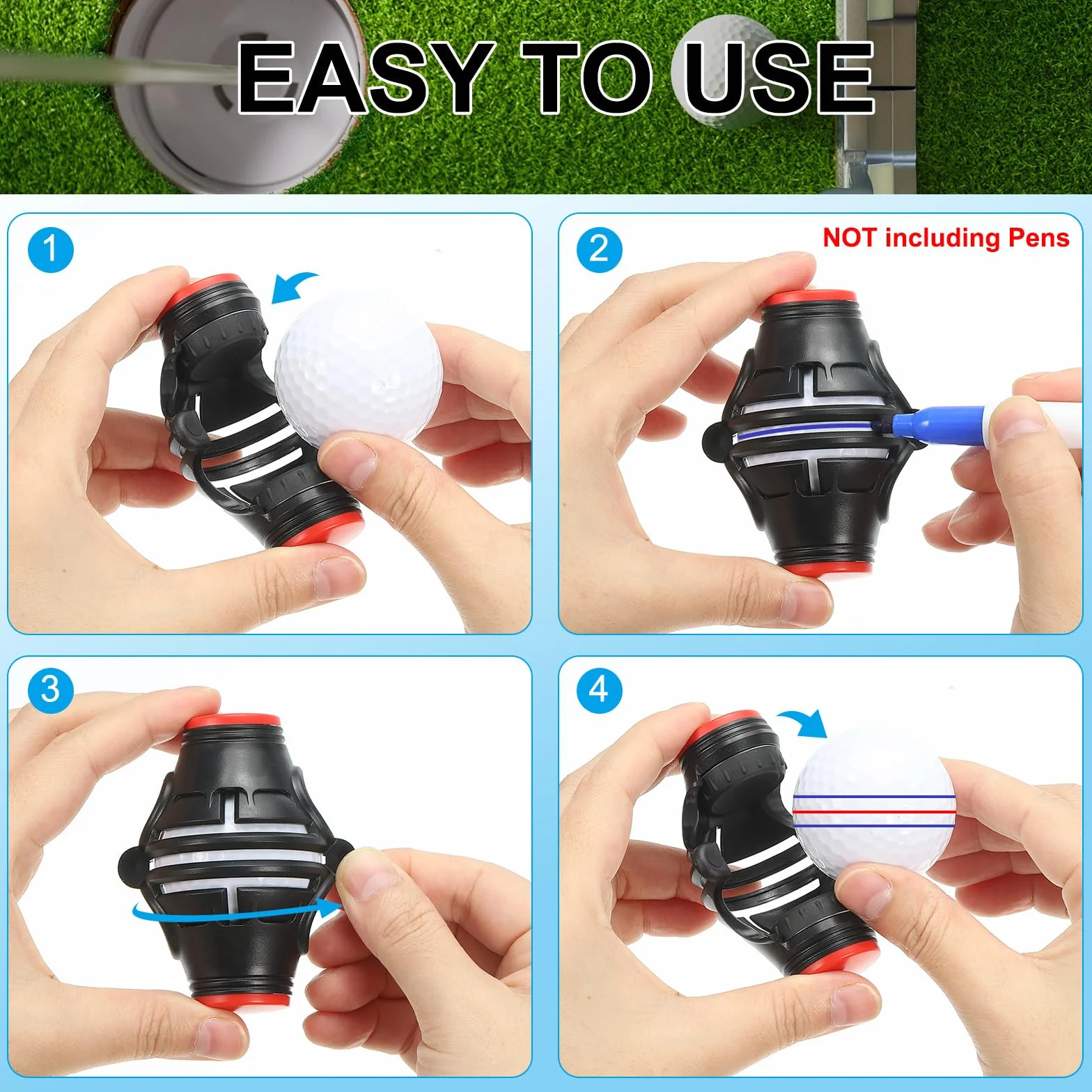PATIKIL Plantilla para Marcar Bolas de Golf 360 Grados Herramienta de Marcado de Alineación Triple Track Negro/Verde