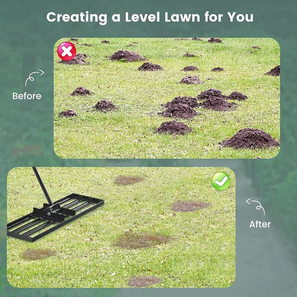 Rastrillo de nivelación de césped de 76 x 25 cm con tallo, rastrillo para nivelación de césped, placa plegable para césped, arena/tierra para campo de golf de jardín.