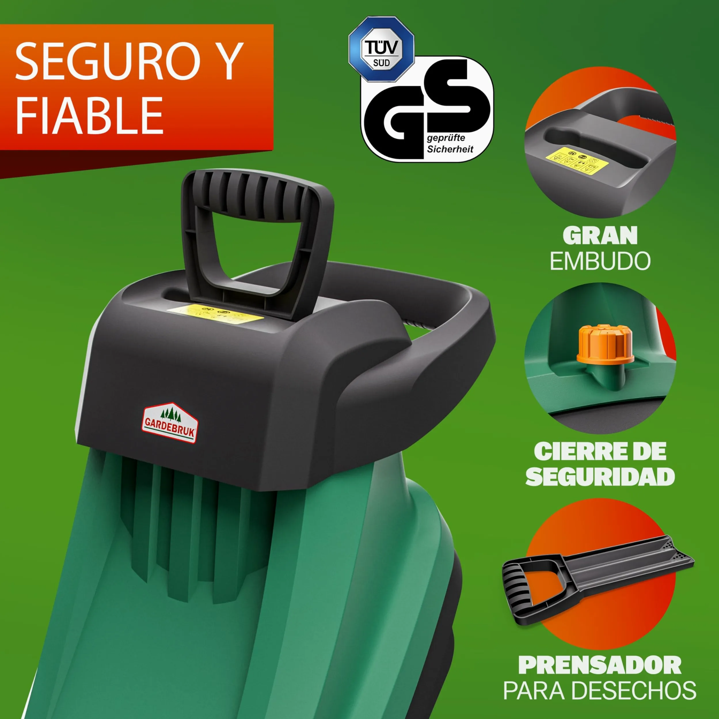 GARDEBRUK® Trituradora de Ramas Ø45mm, Triturador Electrico Jardin, Corta Troncos Leña, 2400W, Bolsa de Recolección 50L, Cuchillas de Acero, Residuos