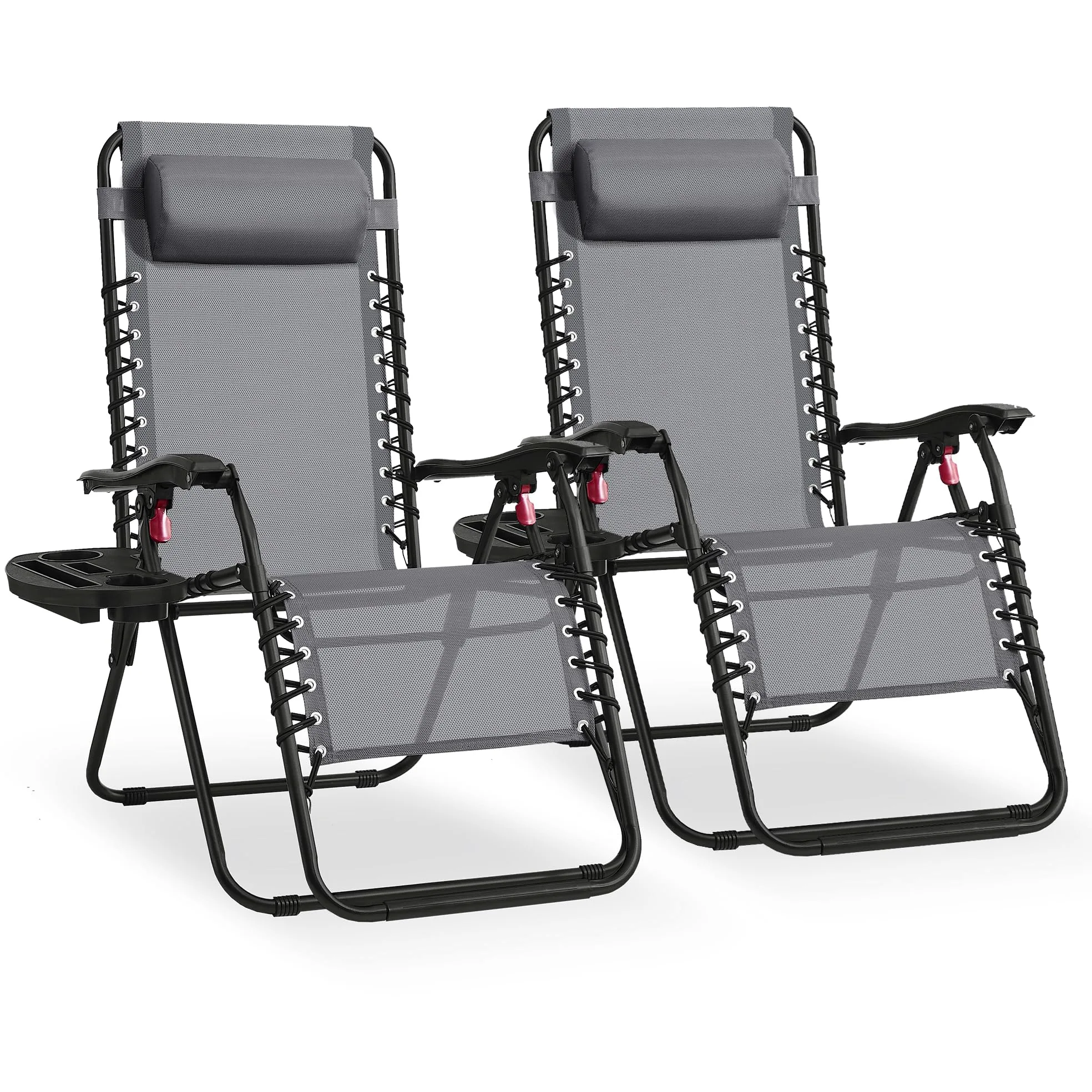 SONGMICS Juego de 2 Tumbonas Plegables, Sillas de Gravedad Cero, Tumbonas Reclinables, Carga de 110 kg por Silla, Reposacabezas Ajustable, Bandeja, para Terraza, Jardín, Gris Oscuro GLB032GZ02