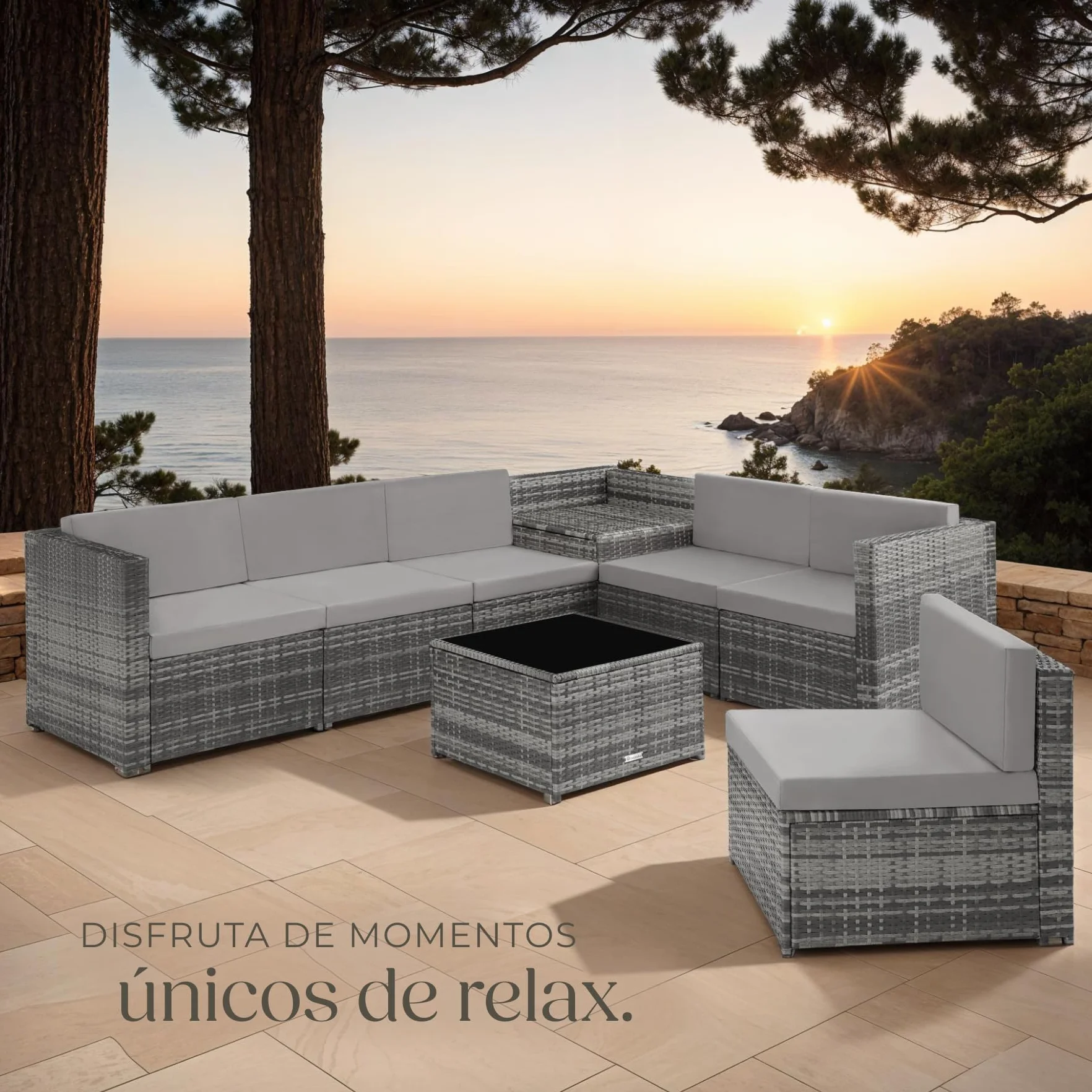 tectake® Conjunto Jardín de Ratán, Muebles Jardín Exterior 6 Sillones, 1 Mesa con Cristal, 1 Baúl Almacenamiento, Conjunto Terraza Resistente a la Intemperie, con Cojines, Estructura en Acero - Gris