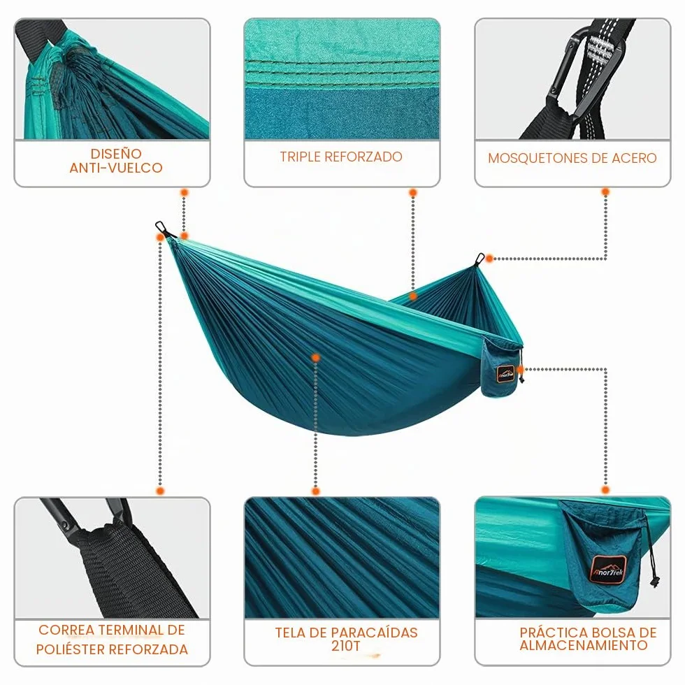 AnorTrek Hamaca de Camping, Súper Ligera y Portátil, de Paracaídas con Dos Correas para Árboles, Hamacas de Viaje de Nylon Individuales o Dobles para Acampar, Mochilero y Senderismo