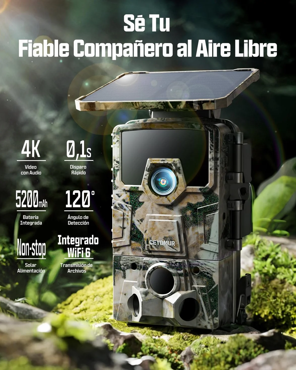 CEYOMUR 4K UHD Cámara de Caza Nocturna Solar WiFi 6 con Detección 120°, Batería 5200 mAh, IP66