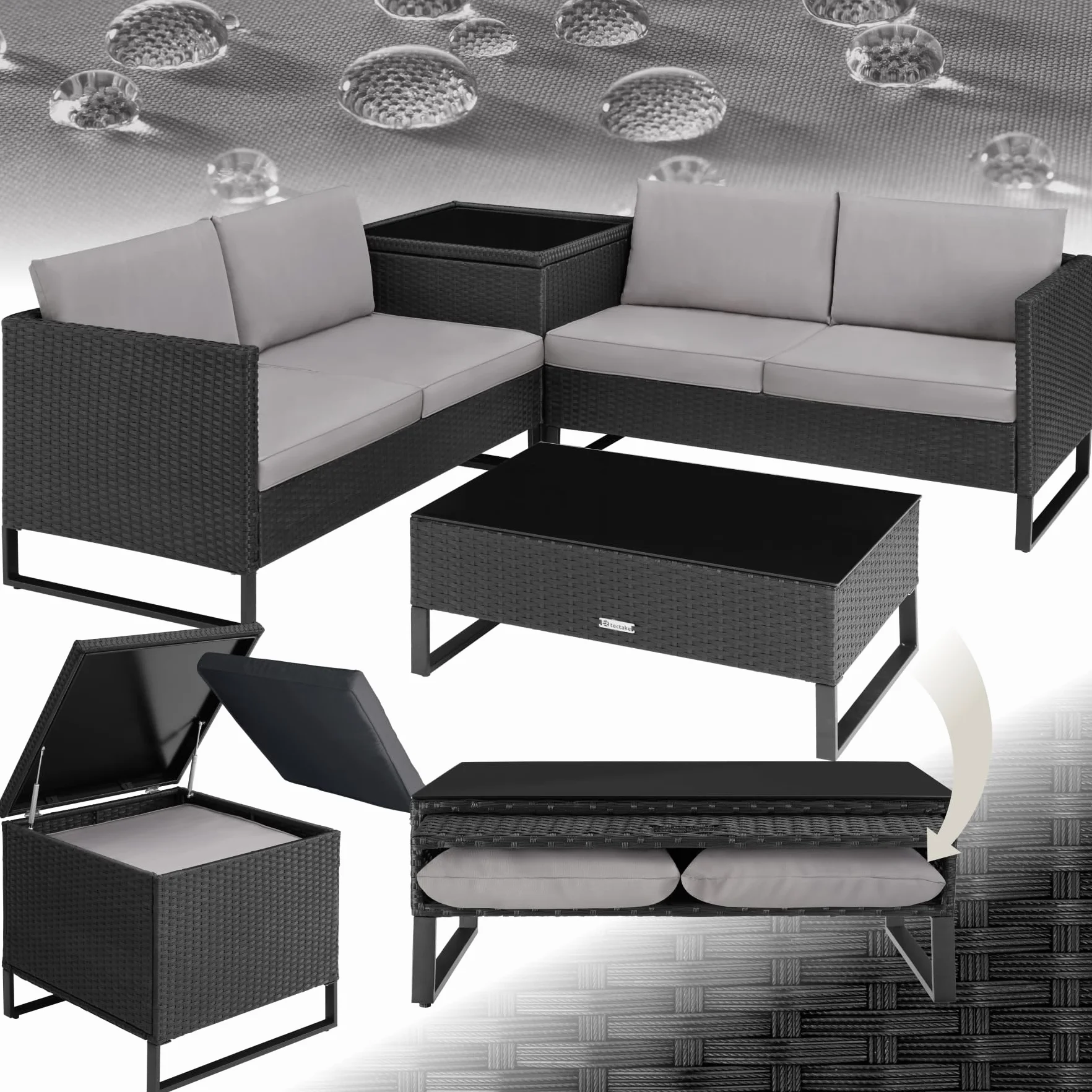 TecTake® Conjunto Jardín de Ratán con Cojines Gruesos, Muebles Jardín Exterior 2 Sofás, 1 Mesa Cristal, 1 Caja Almacenamiento, Conjunto Terraza Resistente a la Intemperie, Estructura en Acero - Negro
