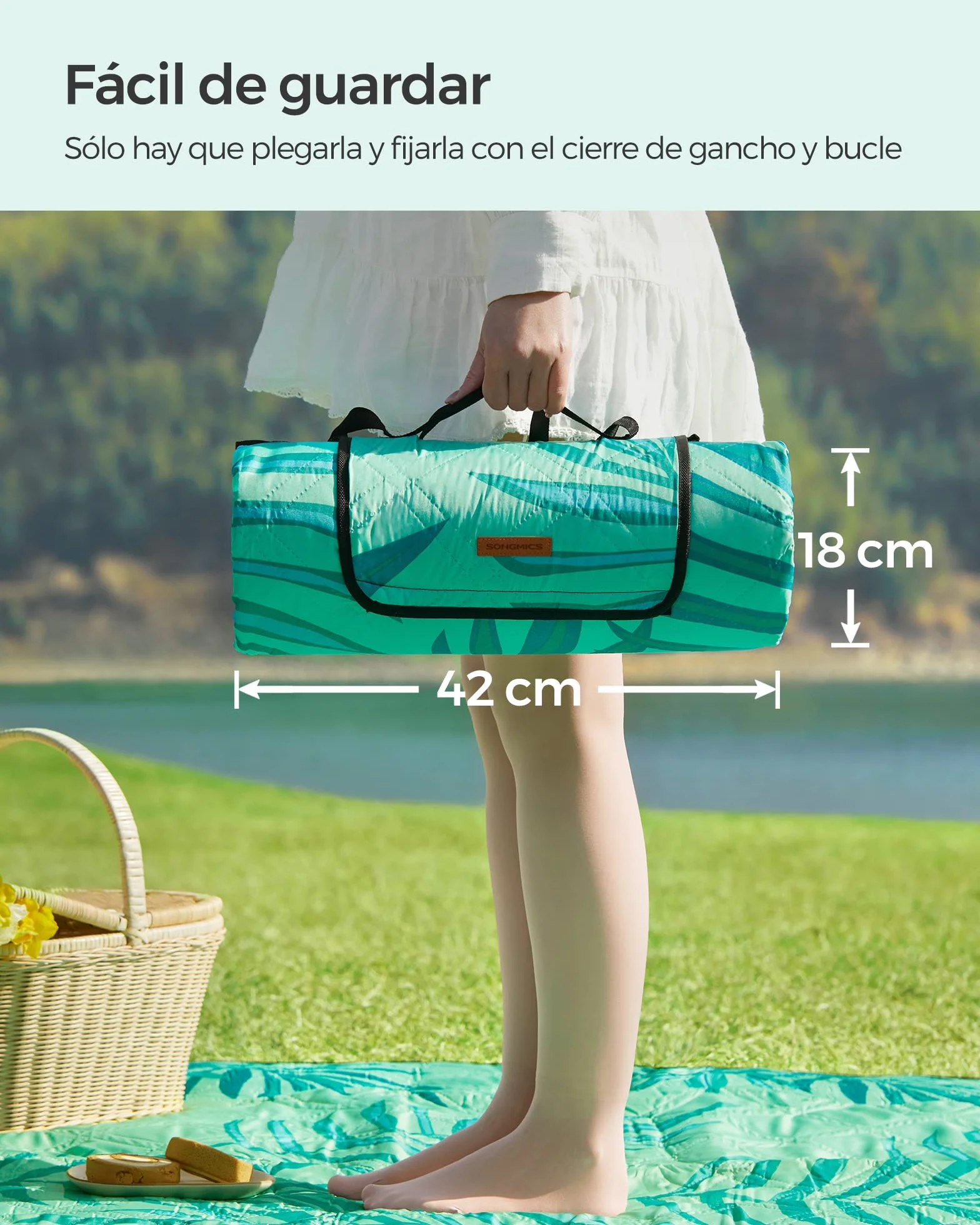 SONGMICS GCM001C02 - Manta de pícnic, 200 x 200 cm, Gran Alfombra, para Camping, Parque, jardín, Playa, Repelente al Agua, Lavable a máquina, Plegable, diseño de Helecho y Verde