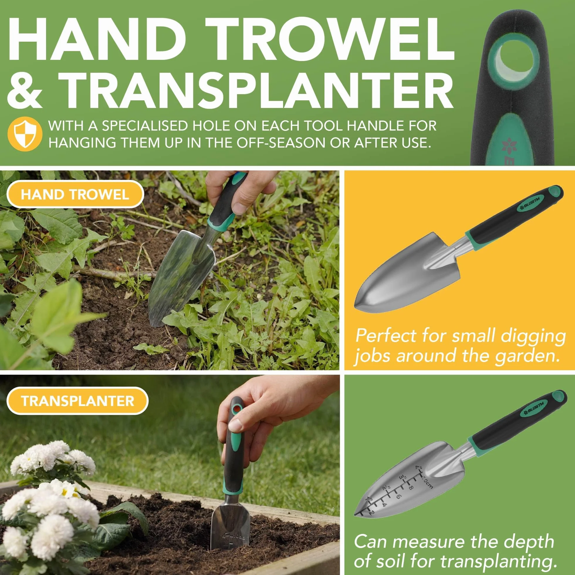 BLOSTM Juego de herramientas de jardinería de 11 piezas, kit de herramientas de jardín resistente con bolsa de mano impermeable, juego de paletas de jardín a prueba de óxido (verde/negro)