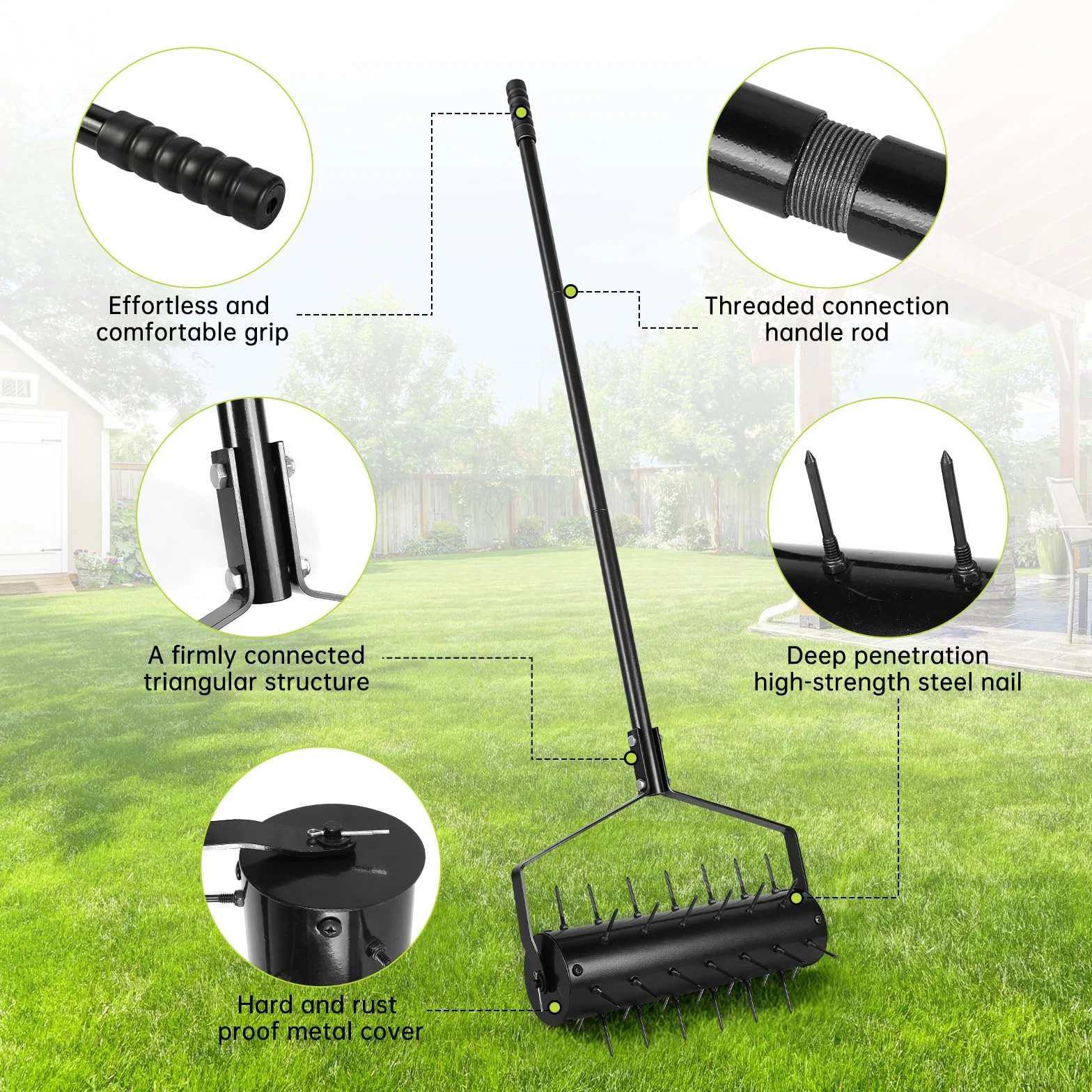 Rodillo Aerificador Manual para Césped 44 x 141 cm – Escarificador Manual con 39 Púas (5,8 cm) y Mango – Rodillo Airificador – Descompactador para Jardín, Patio, Terraza