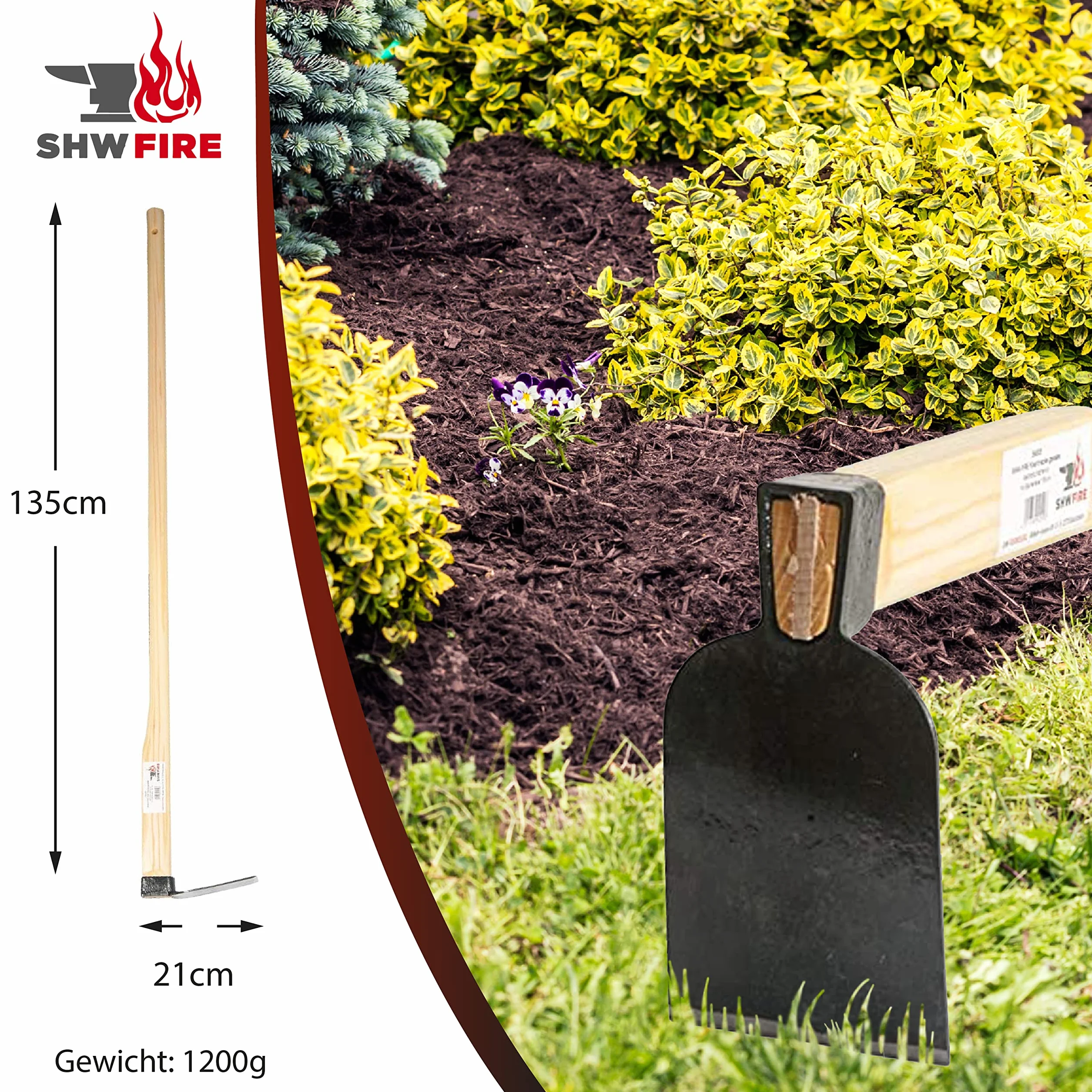 Azada de jardín profesional de acero especial y muy resistente, mango de 135 cm, para suelos blandos y duros de SHW-FIRE