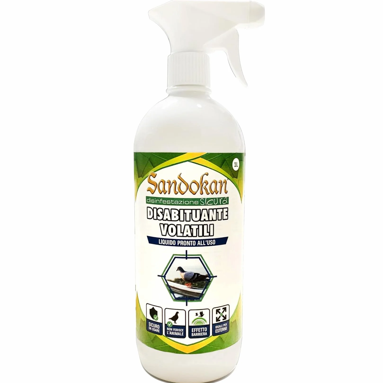 Sandokan Ahuyentador de Palomas Spray 1 Litro, Repelente Natural de Aves Listo para Usar, Disuasorio Líquido para Balcones y Ventanas Sin Gas, Fabricado en Italia