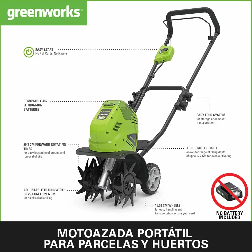 Greenworks G40TL Motoazada de Batería, Motocultor de Púas Delanteras, Ancho de Trabajo de 25 cm, Profundidad de Labranza de 13 cm SIN Batería y Cargador de 40V, Garantía de 3 Años