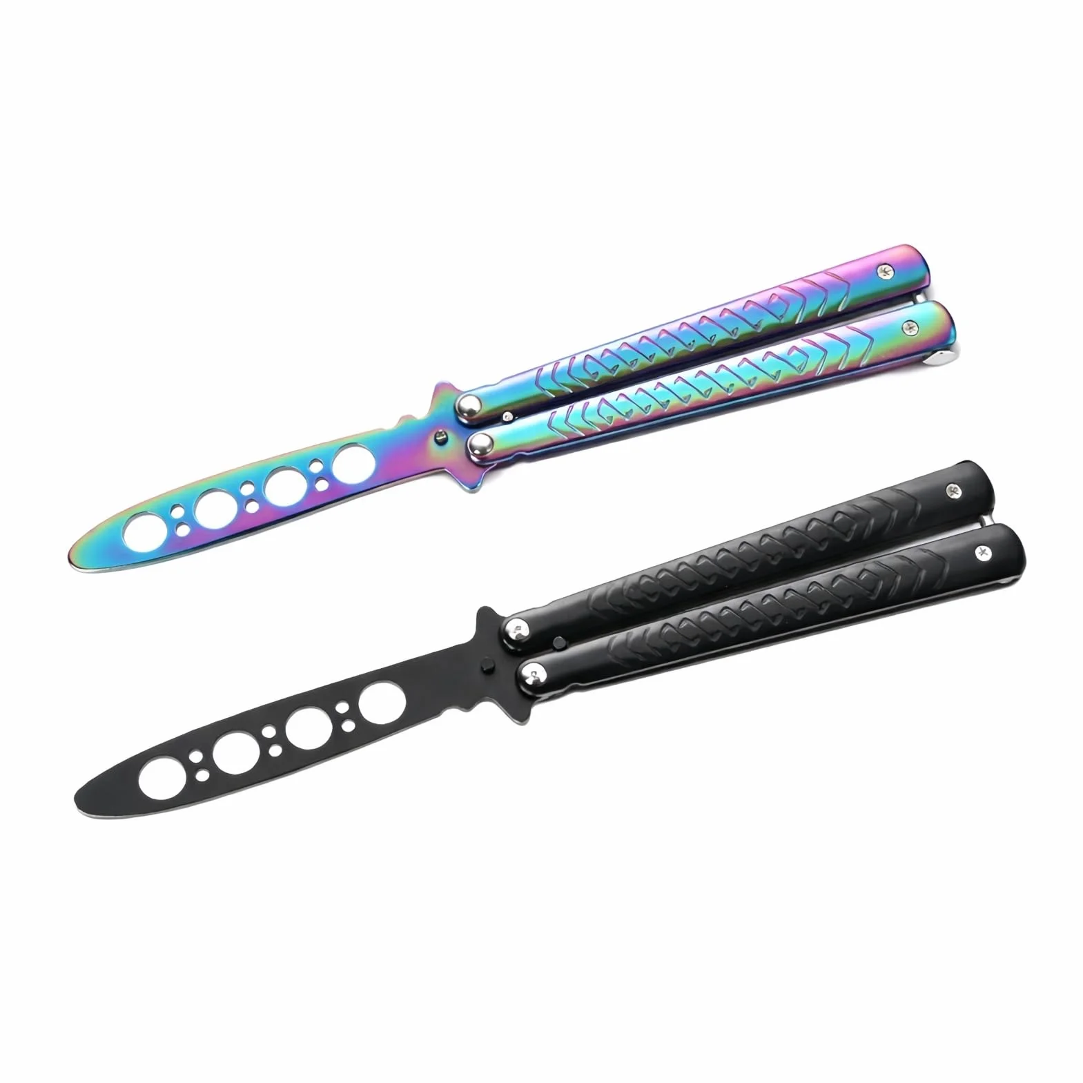 Balisong Trainer Cuchillo Mariposa de Entrenamiento, Acero Inoxidable, Hoja Roma sin Filo, Seguro (Negro+Color)
