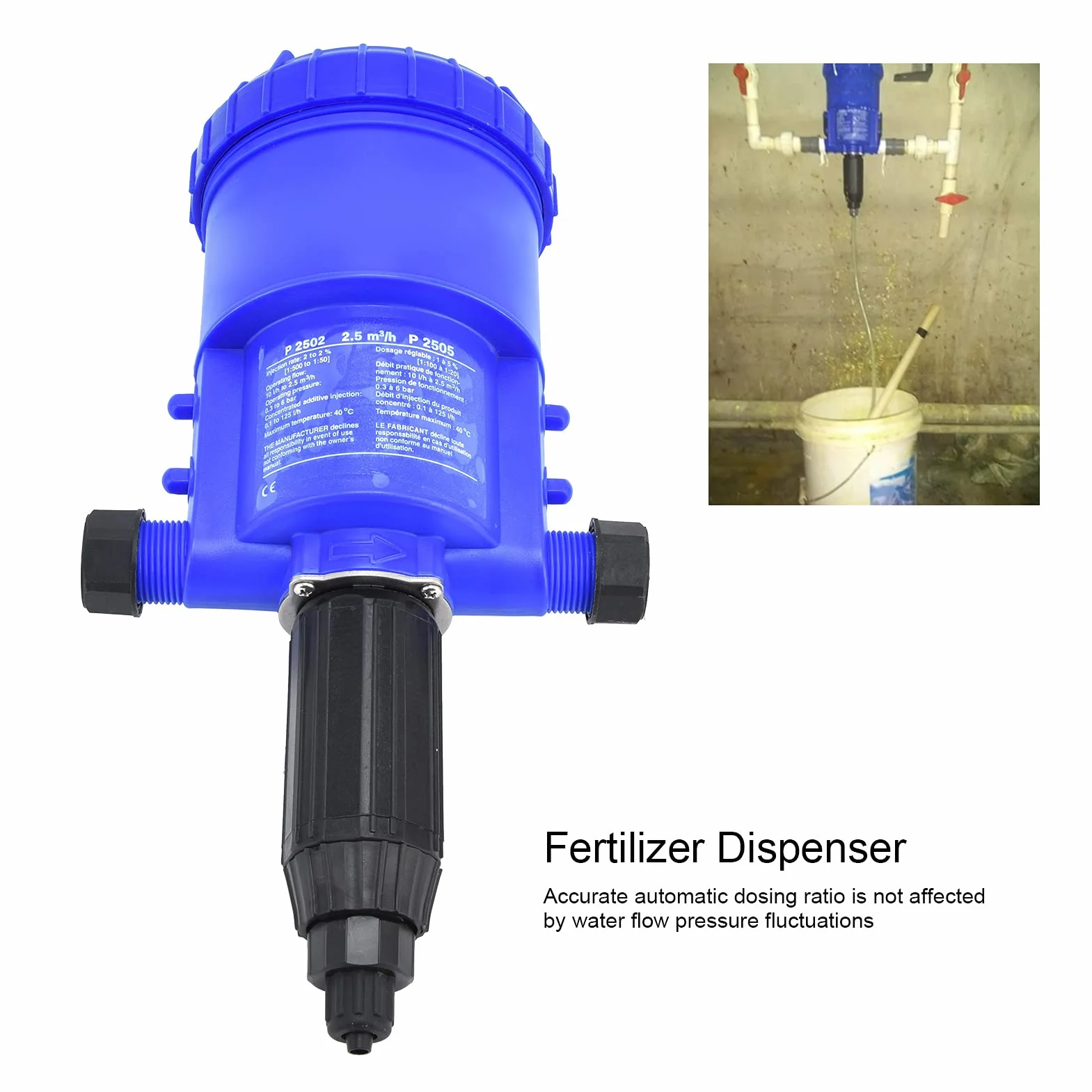 Inyector de Fertilizante 0,2-2%, Bomba Dosificadora Accionada por Agua G3/4 a G1 Rosca Macho Dispensador Automático de Dosificador de Líquido Químico para la Industria de Riego