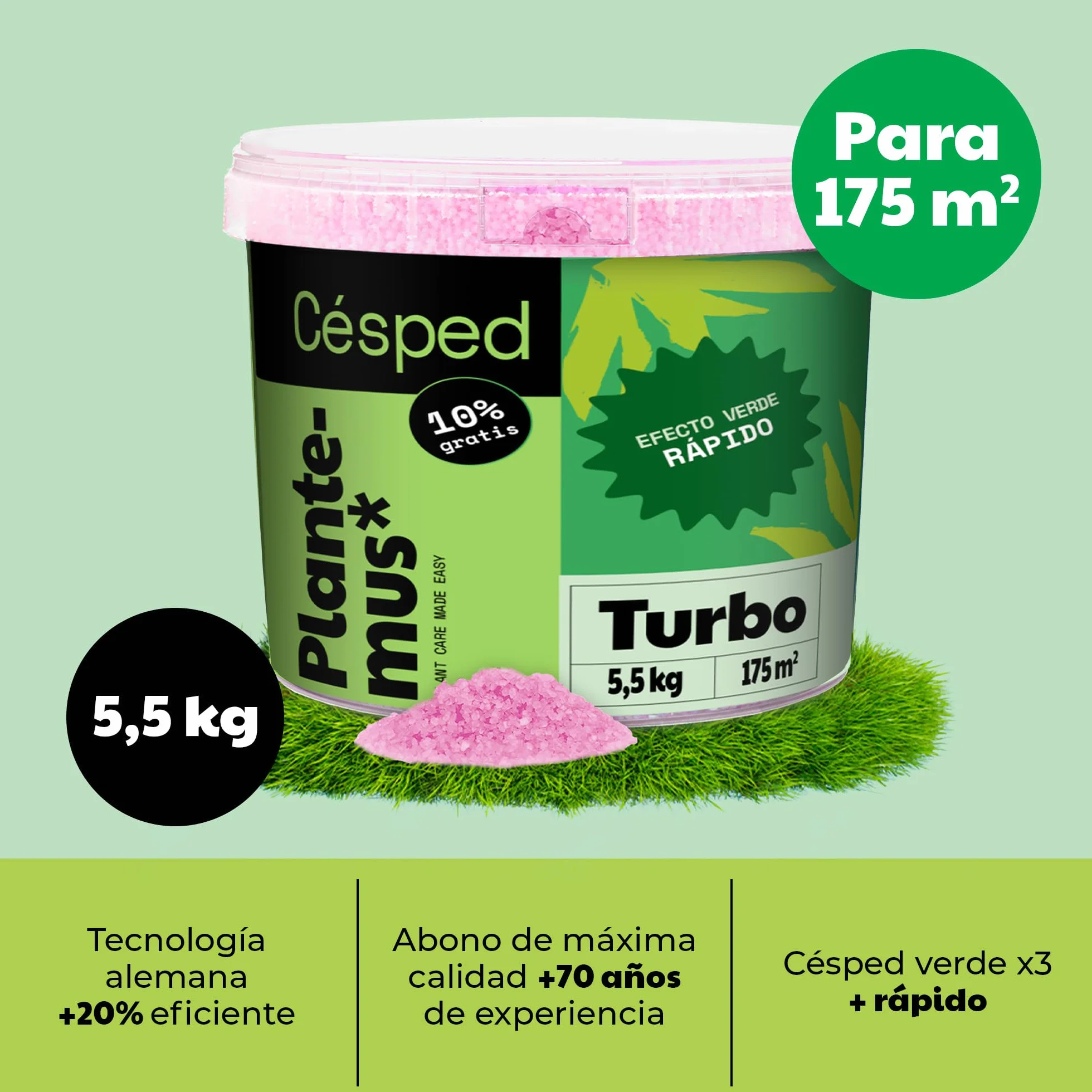 PLANTEMUS Abono Césped Efecto Verde Turbo para 175 m² Microcristales Ultrasolubles | Verde Intenso 7-9 Días | Fertilizante Nitrogenado - Tecnología Alemana 5.5 KG