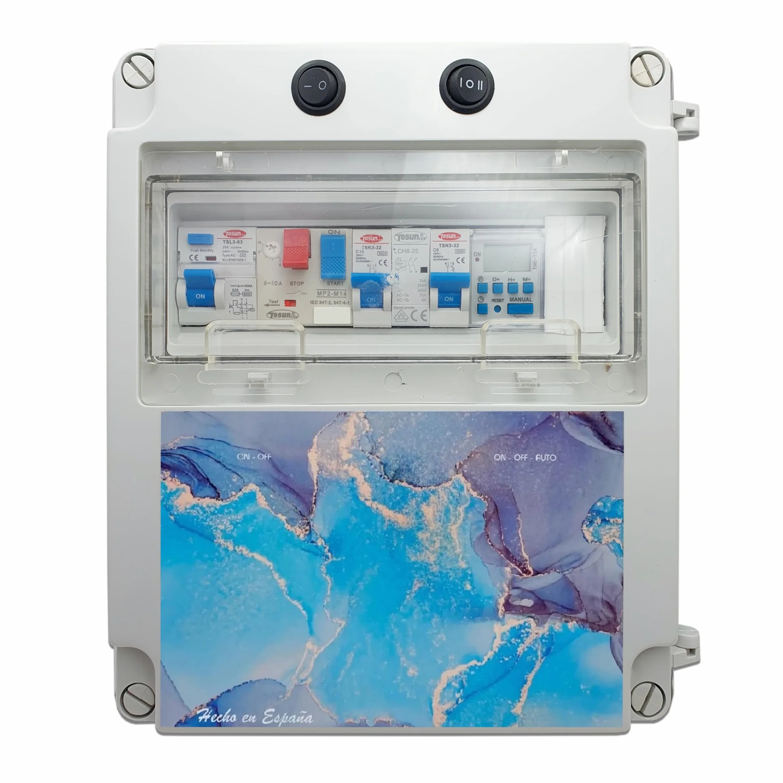 Cuadro Eléctrico para Piscina Iluminación y Motor | Guardamotor y Transformador | Sin Controlador | Contactor para Clorador | 150W 12DC | Bomba de agua 2CV 6-10A