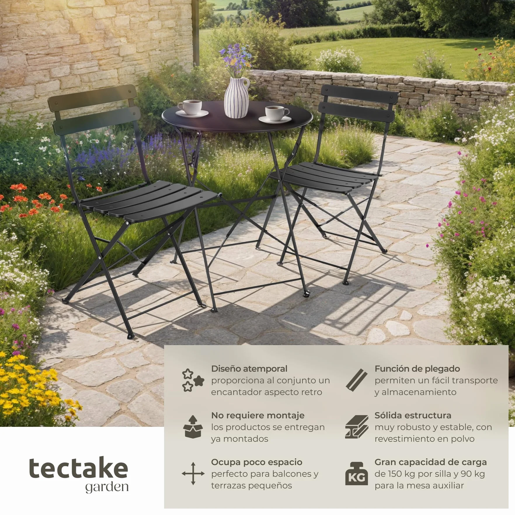 tectake® Conjunto Muebles Jardín Exterior de Mesa de Bistró y 2 Sillas, Plegables, Tapas Antideslizantes, Mesa y Sillas Terraza Estilo Retro con Estructura de Acero, Ideal Balcones Pequeños - Negro