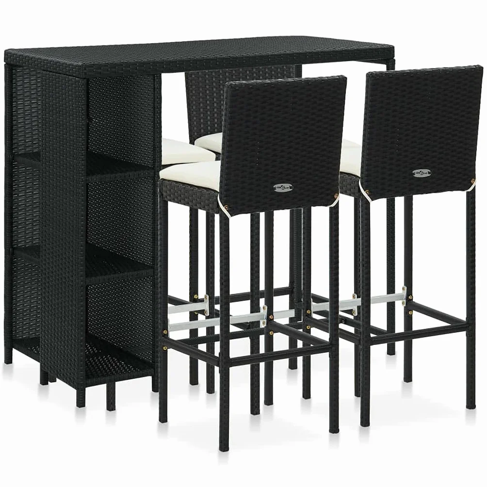 vidaXL Set de Bar para Jardín 5 Piezas y Cojines Asiento Mesa Silla Patio Terraza Barra Bistró Muebles Mobiliario Ratán Sintético Negro