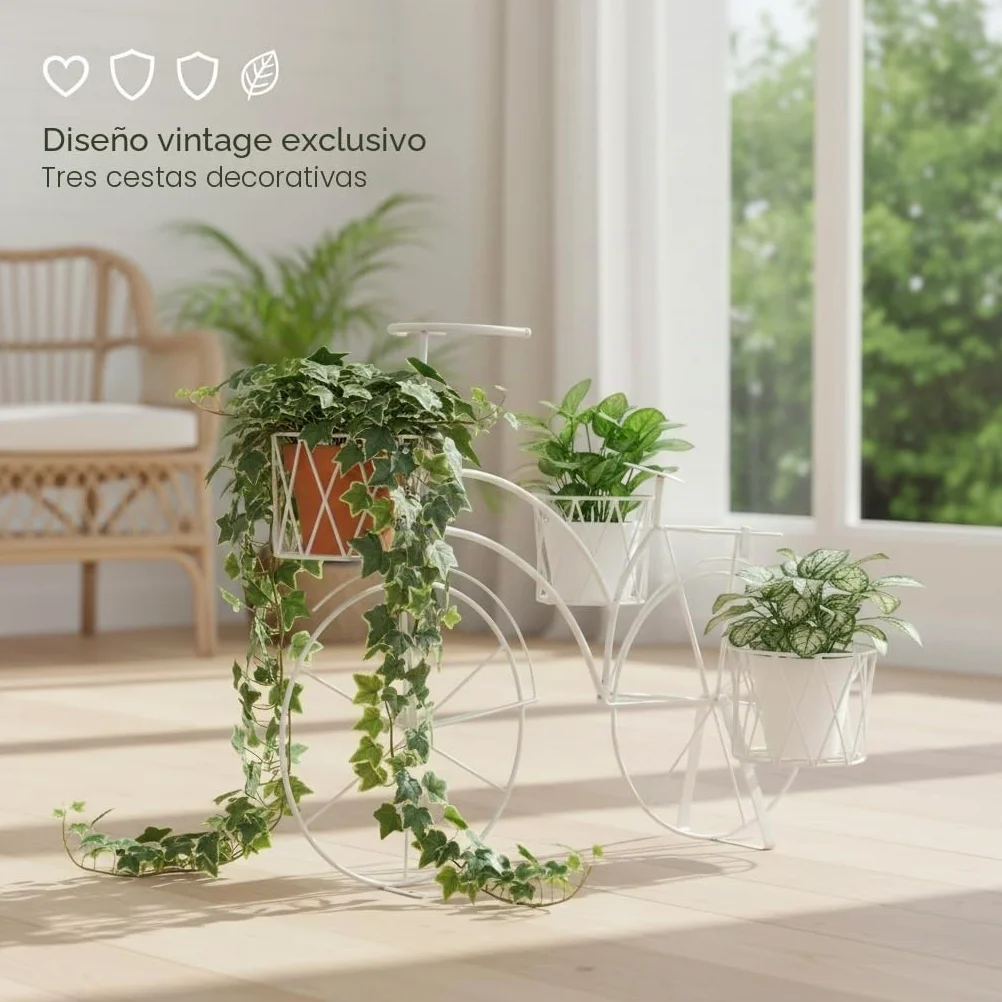 Maceteros Decorativos Interior, Macetas Decorativas Interior, Soporte Plantas Interior, Estanteria Plantas, Decoracion Hogar Vintage, Soporte Para Macetas Hierro - Bicicleta Blanca 3 Cestas 75x40x53cm