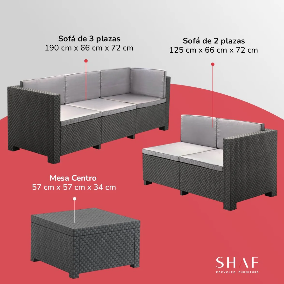 SP Berner - Set de Muebles de Jardín y Terraza Oasis Color Grafito - Tres Piezas - Sofá Canapé 3 y 2 Plazas y Mesa de Centro con Almacenaje - Fabricado en España con Plástico Reciclado
