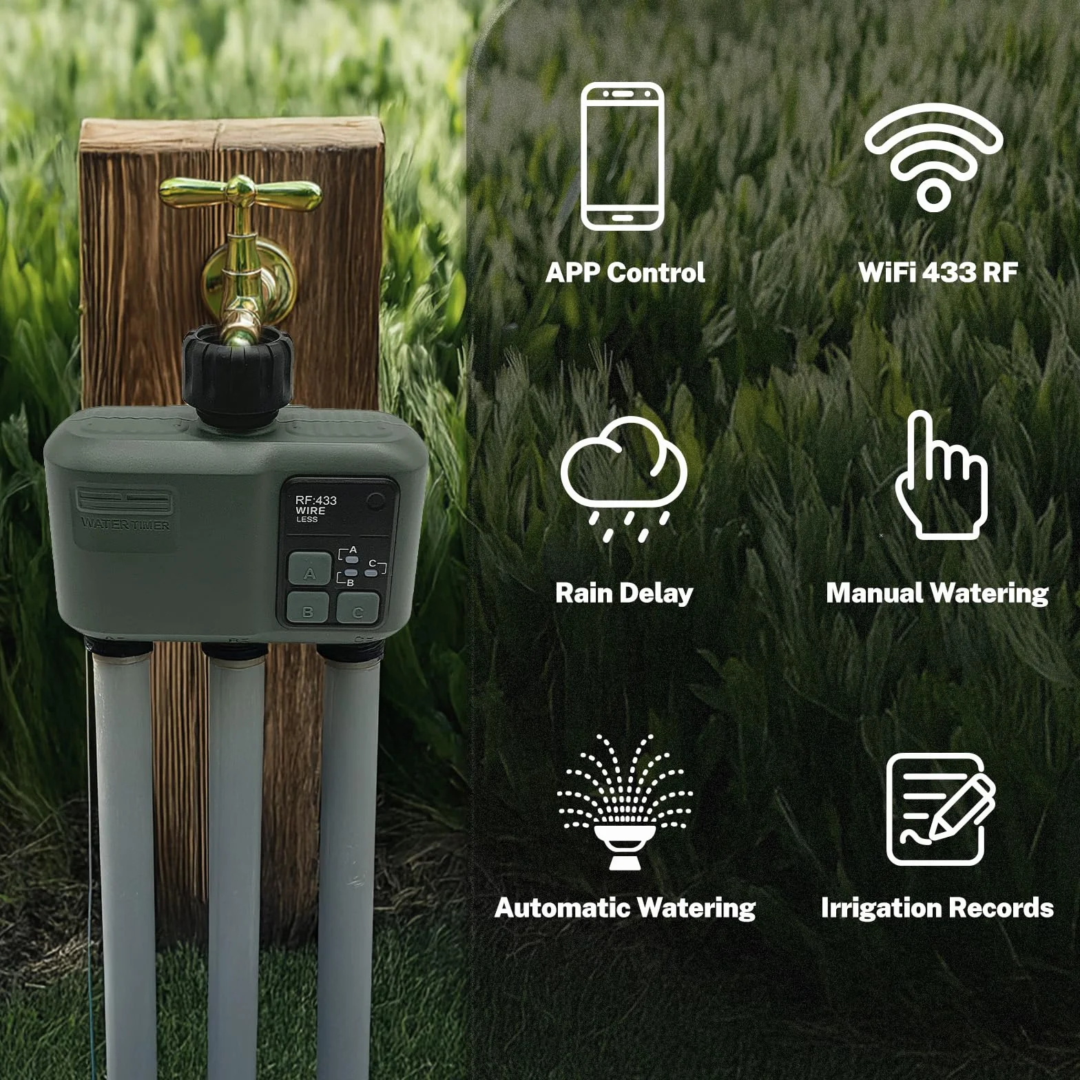 johgee Programador Riego WiFi 3 Salidas con tecnología RF 433 500M, riego temporizado Inteligente con App, Control por Voz Alexa, 6 horarios de riego, Temporizador de riego automático para jardín