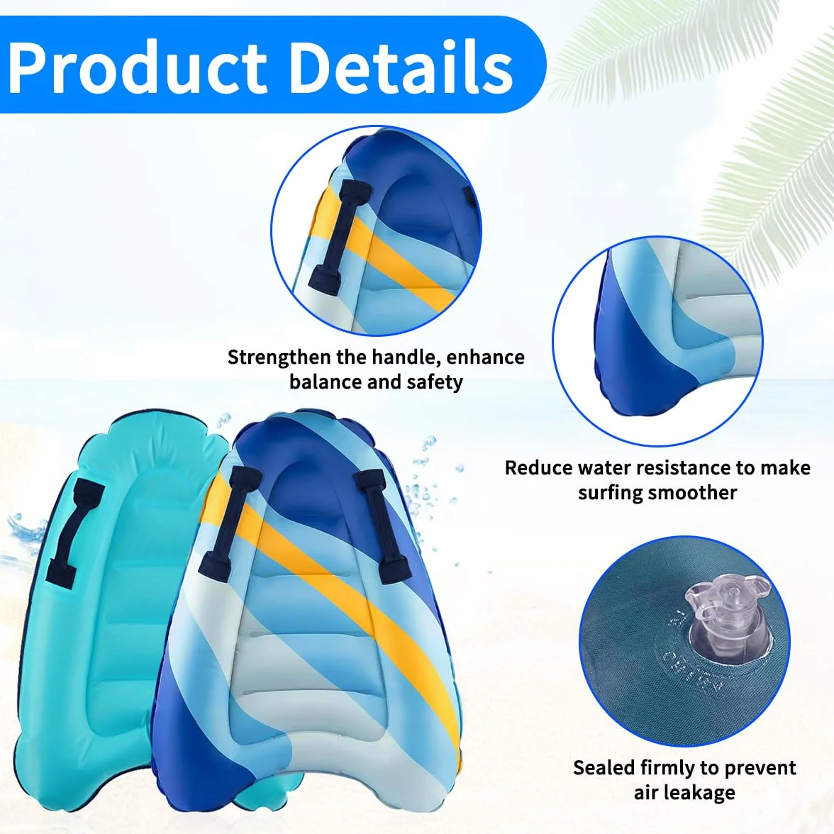 Bodyboard Inflable Portátil Ligero, Tabla de Surf Flotante con Asas, 80 x 60cm