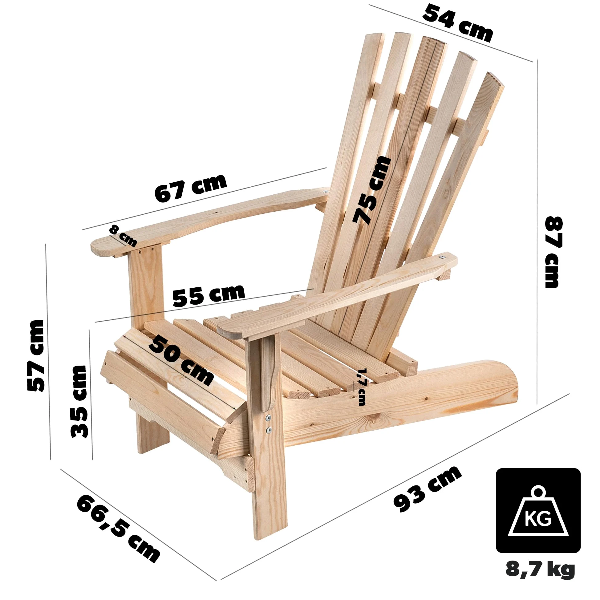 KADAX Silla de Jardín Adirondack de Madera, con Respaldo Alto y Reposabrazos, Silla de Relajación, para Exterior (Madera Natural)