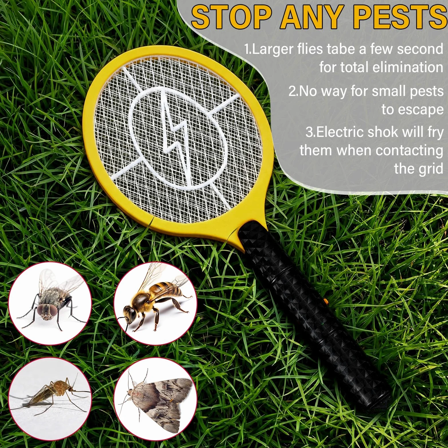 Paquete de 12 matamoscas eléctrico a granel, raquetas matamoscas para interiores y exteriores, raqueta de mosquitos con malla protectora, funciona con pilas AA, no incluidas (amarillo)