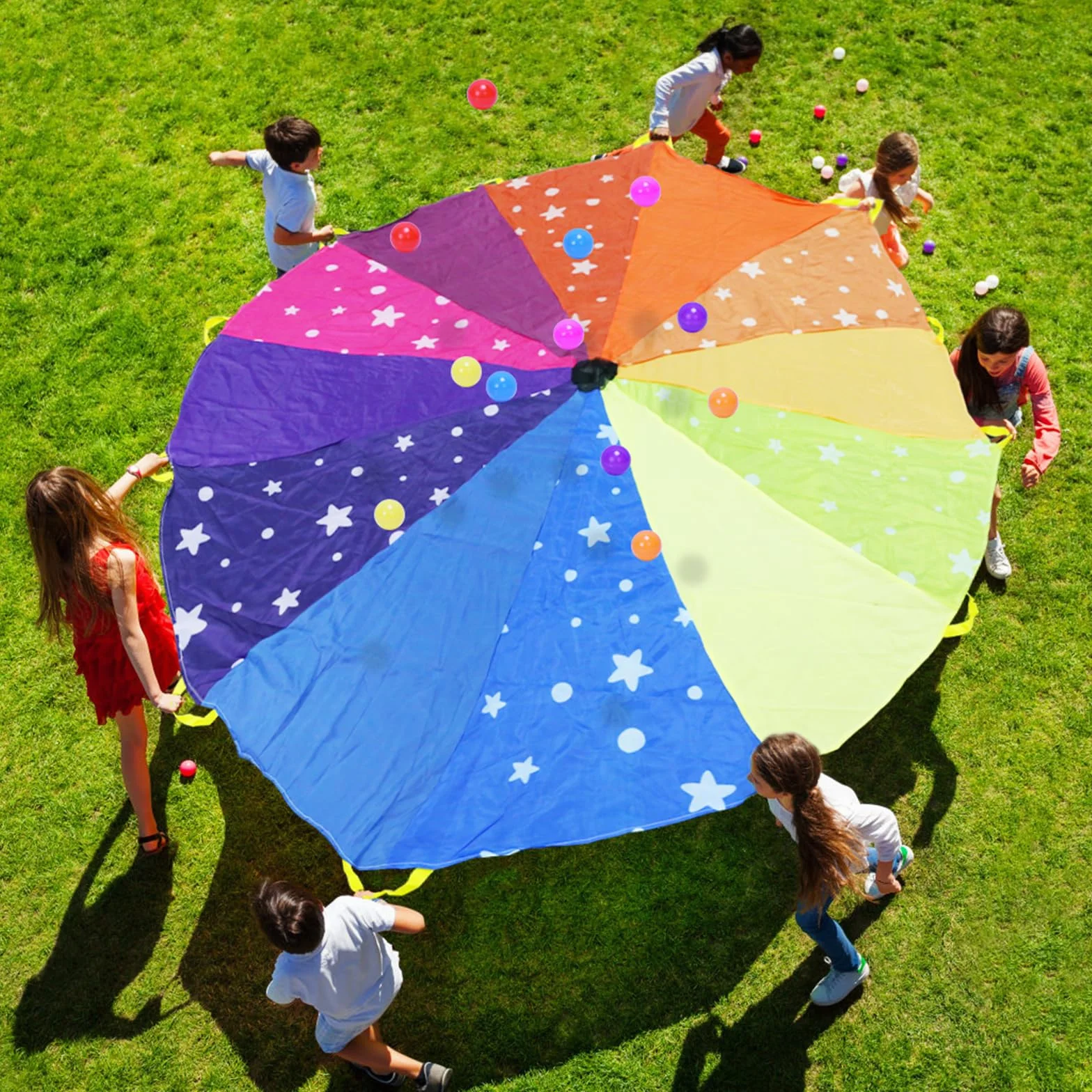 Paracaídas Arcoíris 2.4m con 12 Asas y 12 Bolas para Niños Juego Infantil Actividad Deportiva
